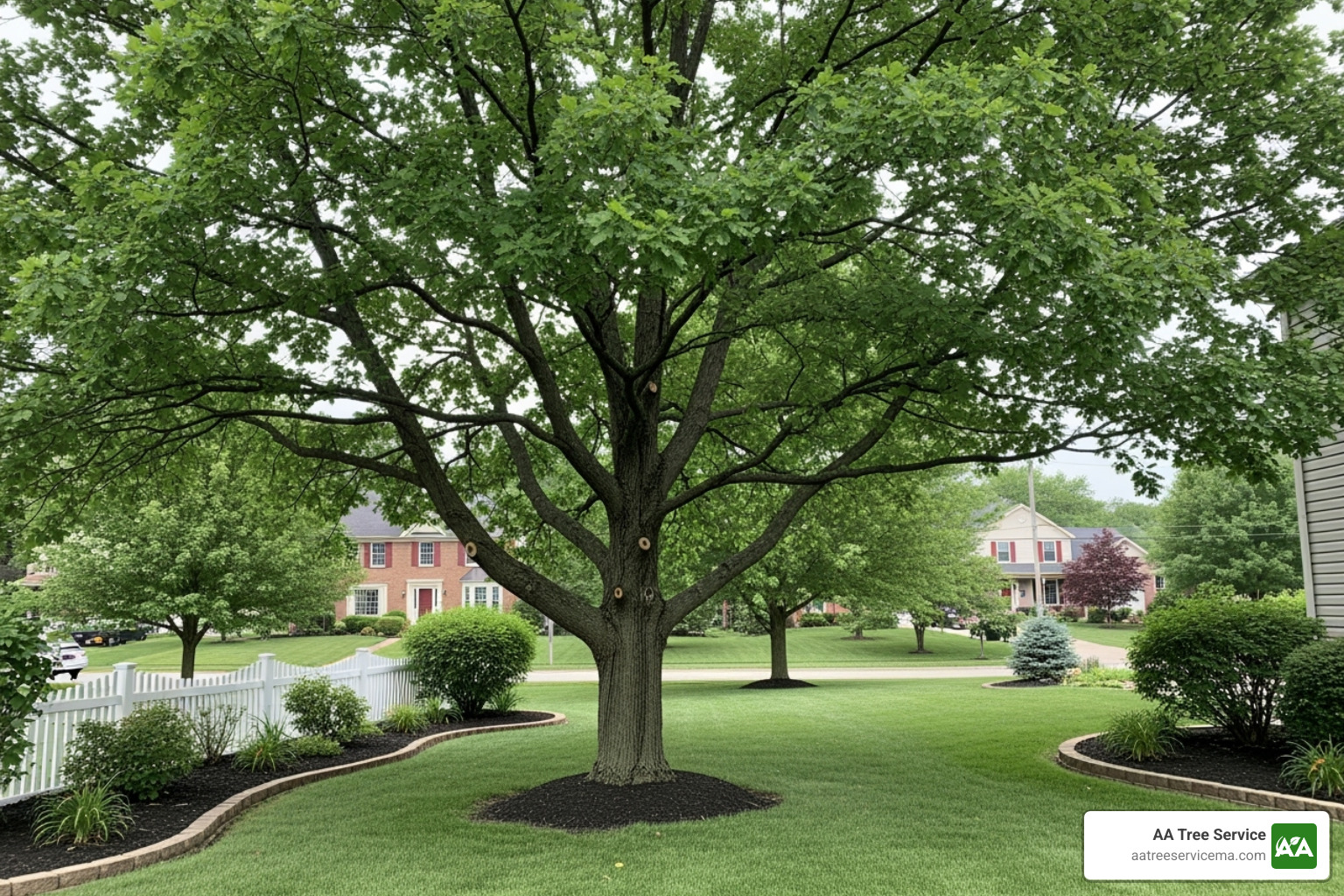 Healthy, well-pruned tree in a residential yard showing proper structure and spacing between branches - Tree limb removal service Healthy, well-pruned tree in a residential yard showing proper structure and spacing between branches - Tree limb removal service