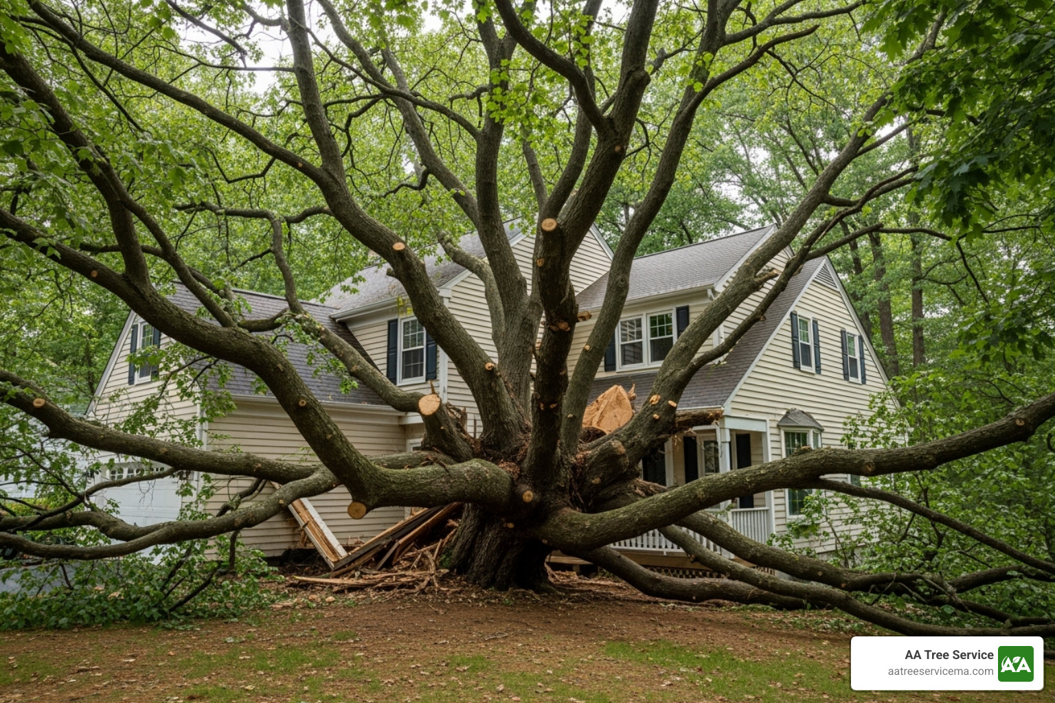 Large, complex tree with multiple limbs growing close to a two-story house, illustrating a high-cost removal job requiring specialized equipment and expertise - Tree limb removal service Large, complex tree with multiple limbs growing close to a two-story house, illustrating a high-cost removal job requiring specialized equipment and expertise - Tree limb removal service