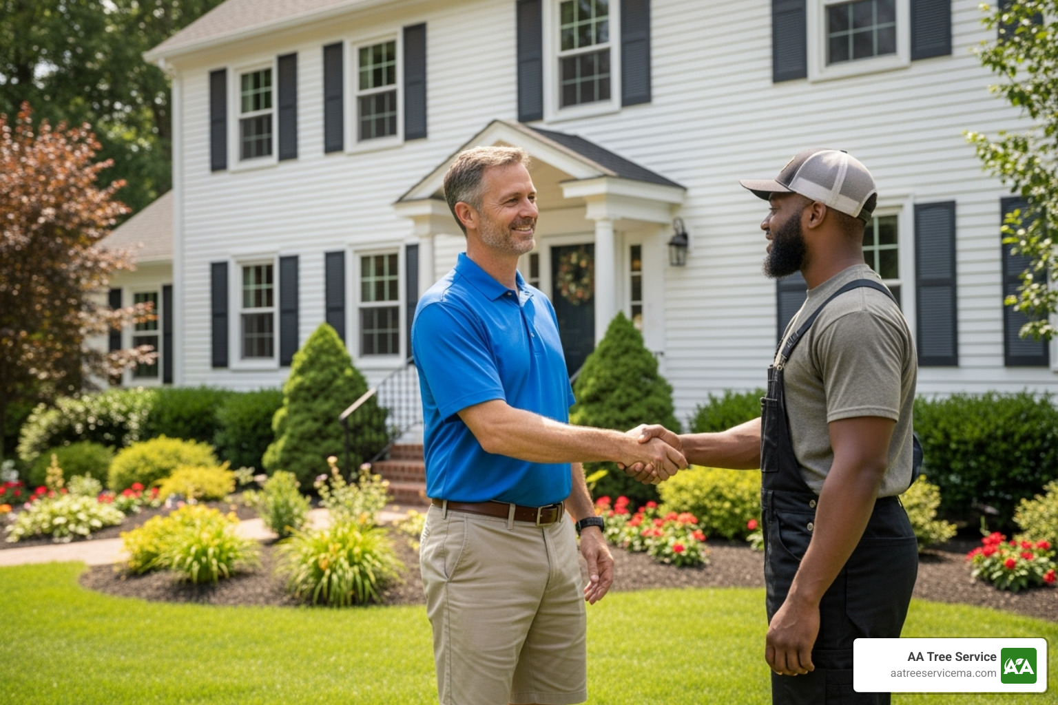 Homeowner shaking hands with a professional arborist in front of a well-maintained residential property - Tree limb removal service Homeowner shaking hands with a professional arborist in front of a well-maintained residential property - Tree limb removal service