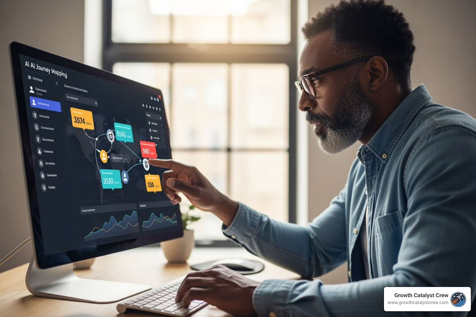 Person at computer interacting with an AI journey mapping dashboard showing real-time customer data and predictive analytics - AI customer journey mapping