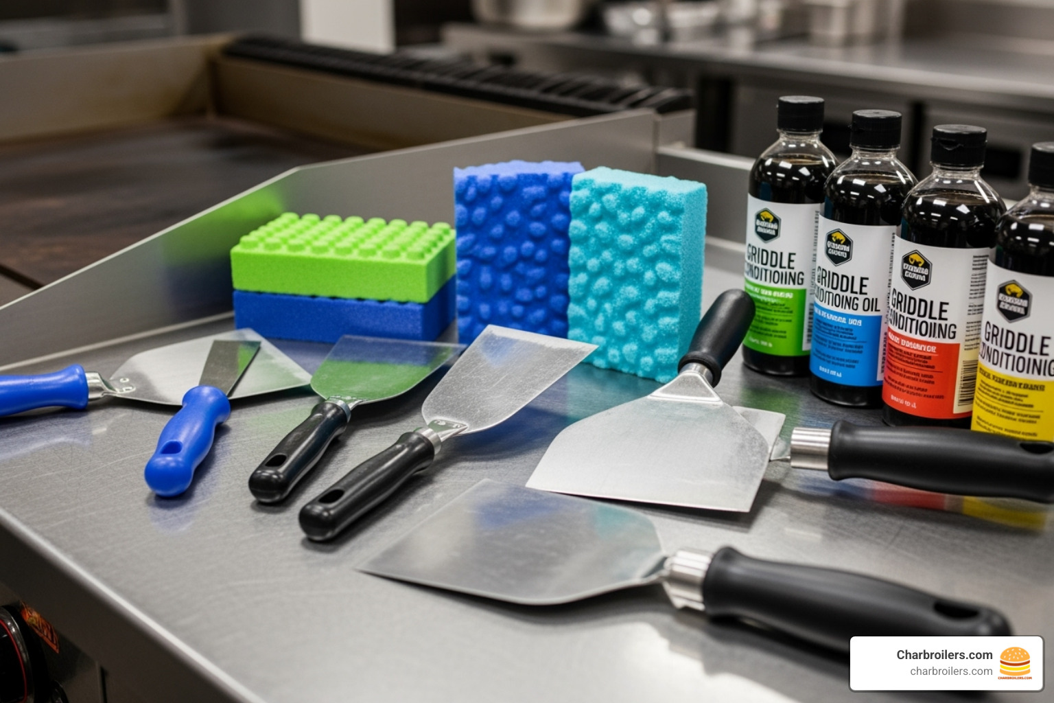 Collection of professional griddle cleaning tools including scrapers, cleaning bricks, and conditioning oils - commercial outdoor flat top grill Collection of professional griddle cleaning tools including scrapers, cleaning bricks, and conditioning oils - commercial outdoor flat top grill