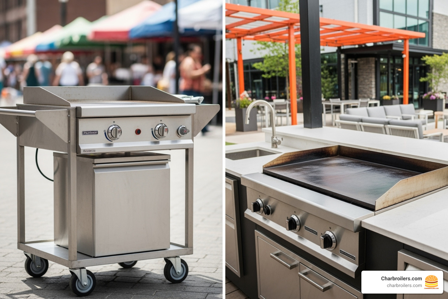 Side-by-side comparison showing a mobile cart-style commercial griddle next to a built-in outdoor kitchen installation - commercial outdoor flat top grill Side-by-side comparison showing a mobile cart-style commercial griddle next to a built-in outdoor kitchen installation - commercial outdoor flat top grill
