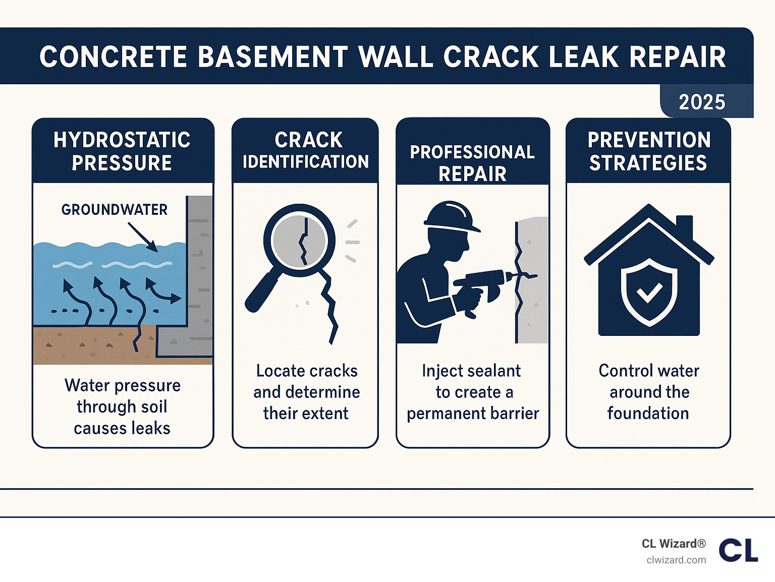 Comprehensive infographic showing the concrete basement wall crack leak repair process from initial assessment through permanent sealing, highlighting hydrostatic pressure effects, crack identification methods, professional repair techniques, and prevention strategies for South Florida properties - concrete basement wall crack leak repair infographic 