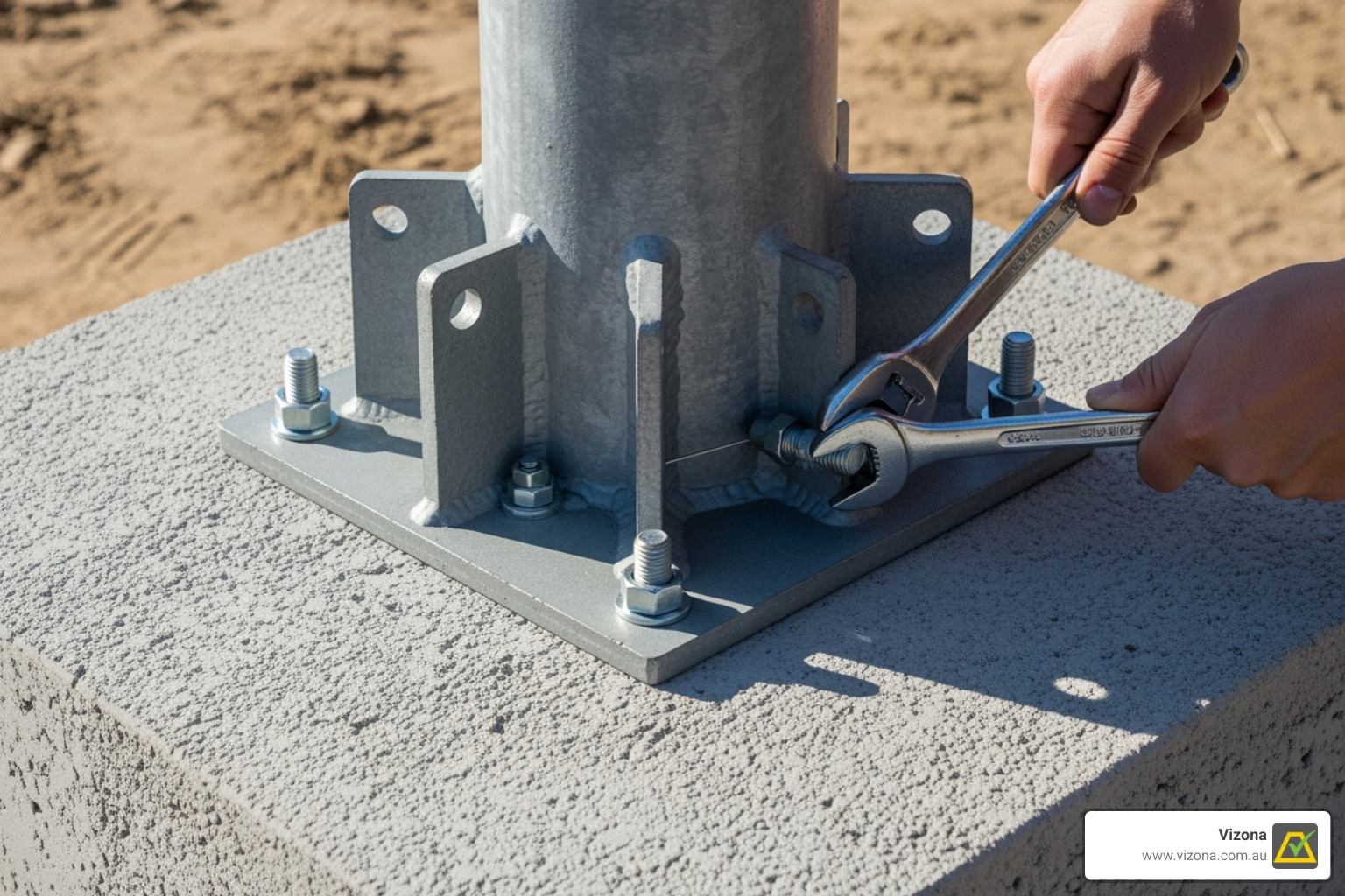 Flange-mounted pole base being bolted onto a concrete footing showing proper installation technique - How To Choose The Right Pole for your Project