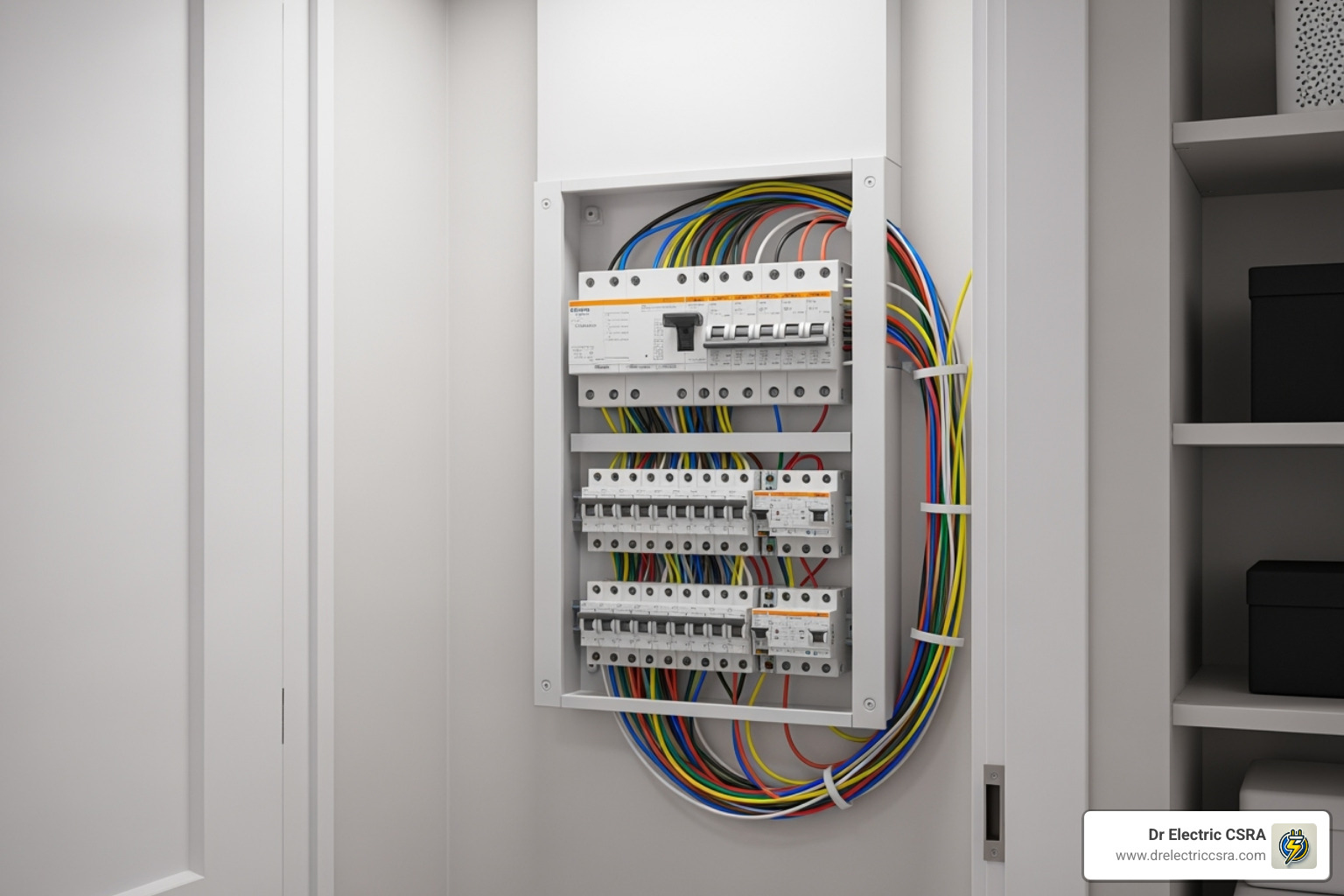 Electrical service panel with multiple circuit breakers and colorful wiring, emphasizing the importance of professional electrical work for safety and efficiency.
