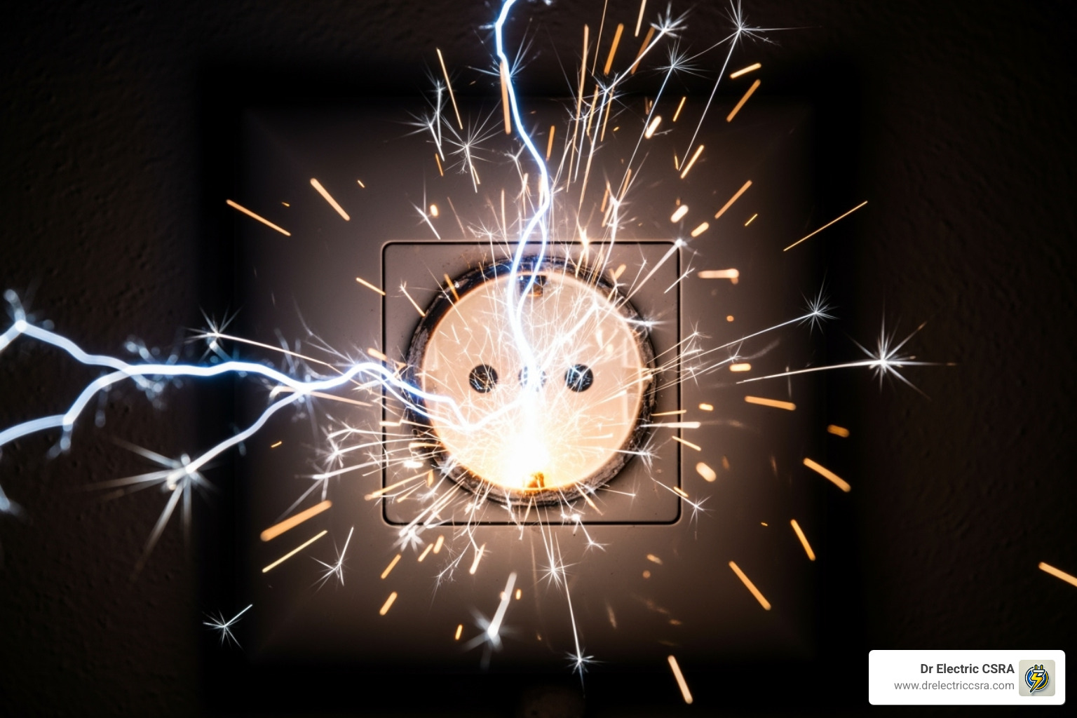 Electrical outlet sparking with blue electricity and sparks, illustrating an electrical emergency, relevant to emergency electrical service and safety awareness by Dr. Electric CSRA.