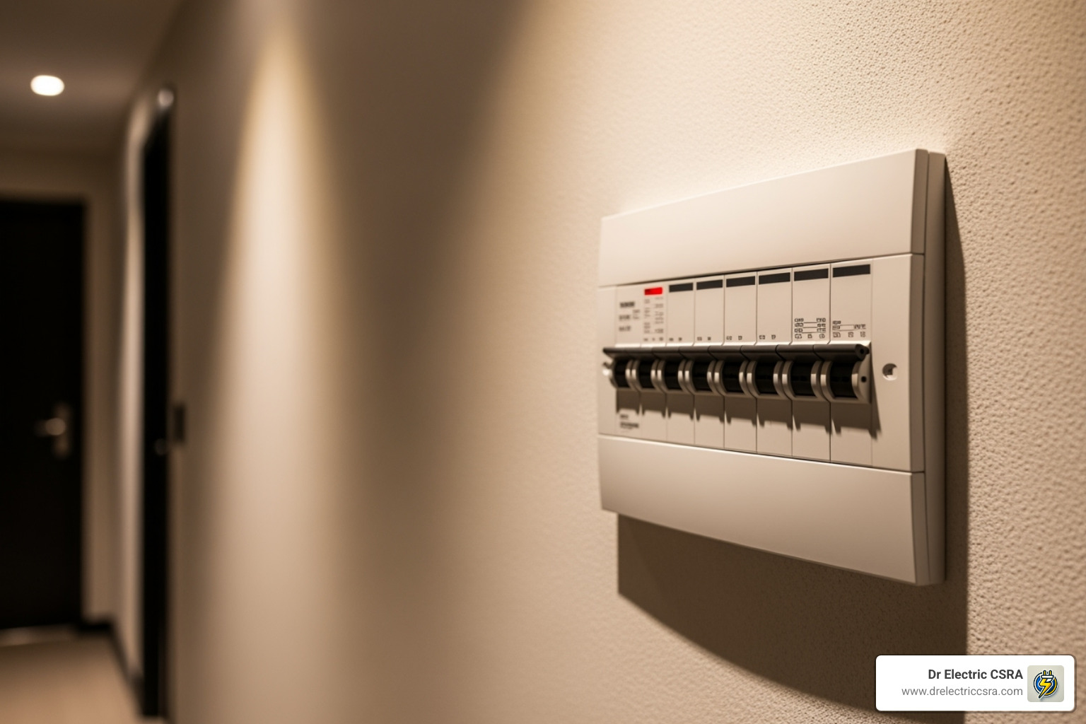 Electrical circuit breaker panel mounted on a wall, relevant to emergency electrical services and safety precautions by Dr Electric CSRA.