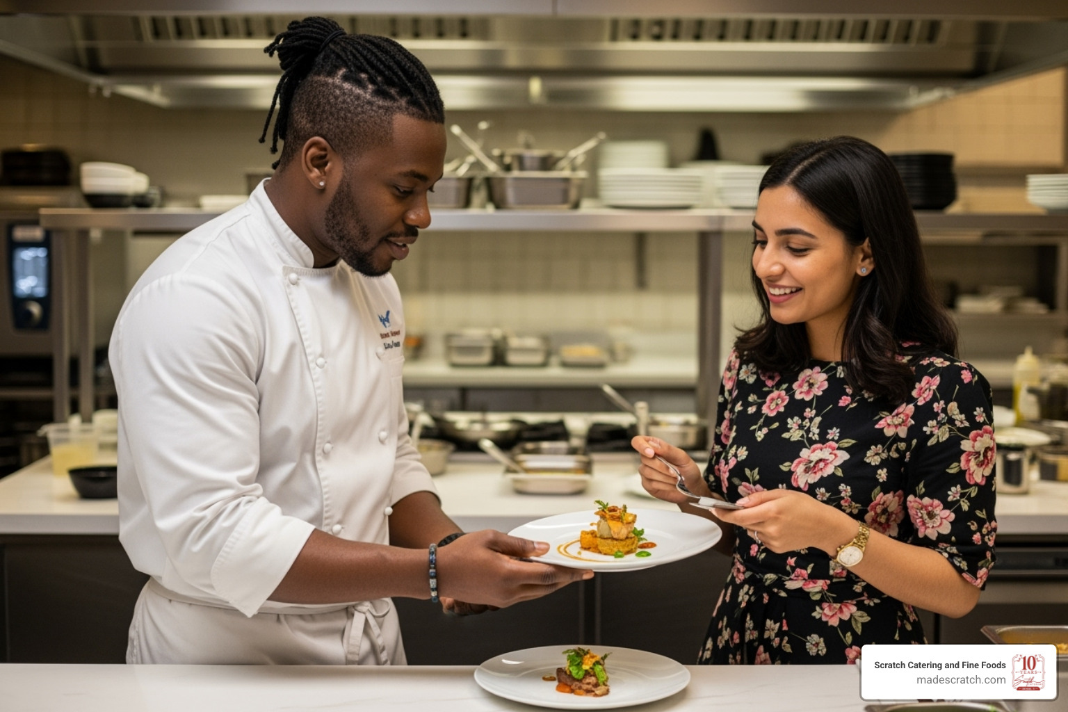 A chef presenting a gourmet dish at a menu tasting - wedding catering southlake