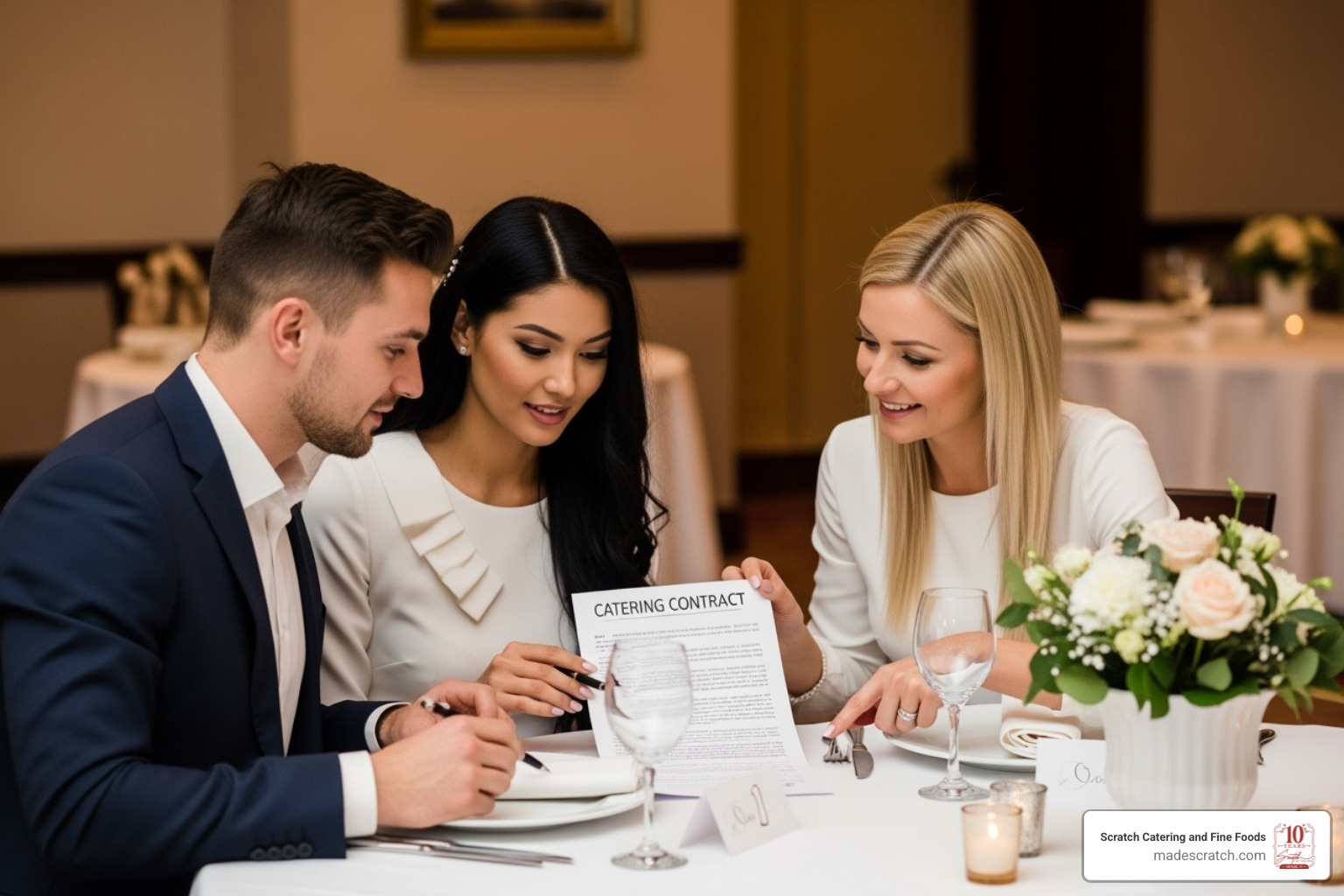 A couple reviewing a catering contract with a planner - wedding catering southlake