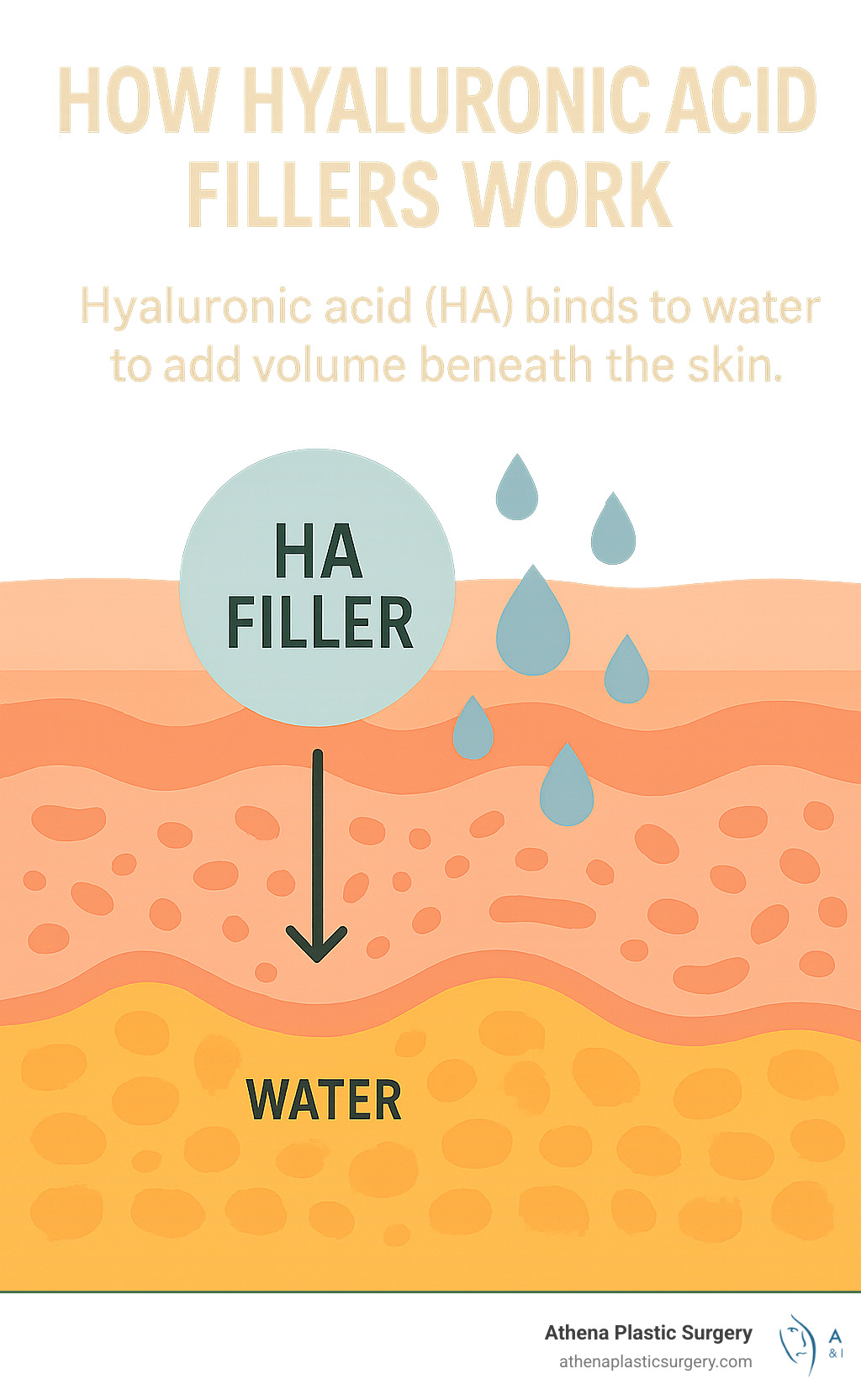 Infographic explaining how hyaluronic acid fillers work by binding to water to add volume beneath the skin - affordable dermal fillers near me infographic Infographic explaining how hyaluronic acid fillers work by binding to water to add volume beneath the skin - affordable dermal fillers near me infographic