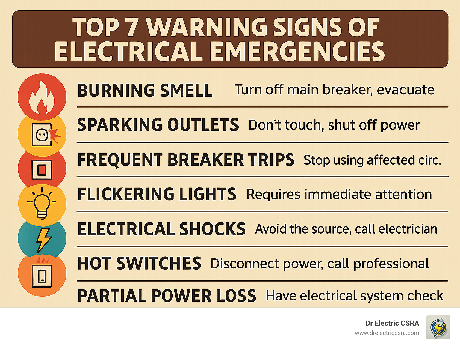 Top 7 warning signs of electrical emergencies infographic, highlighting burning smell, sparking outlets, frequent breaker trips, flickering lights, electrical shocks, hot switches, and partial power loss with safety tips from Dr. Electric CSRA.