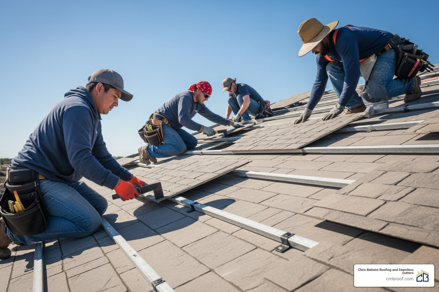 Roofing team installing stone-coated steel panels on a roof deck, ensuring precision and proper alignment - stone coated steel installation company Roofing team installing stone-coated steel panels on a roof deck, ensuring precision and proper alignment - stone coated steel installation company