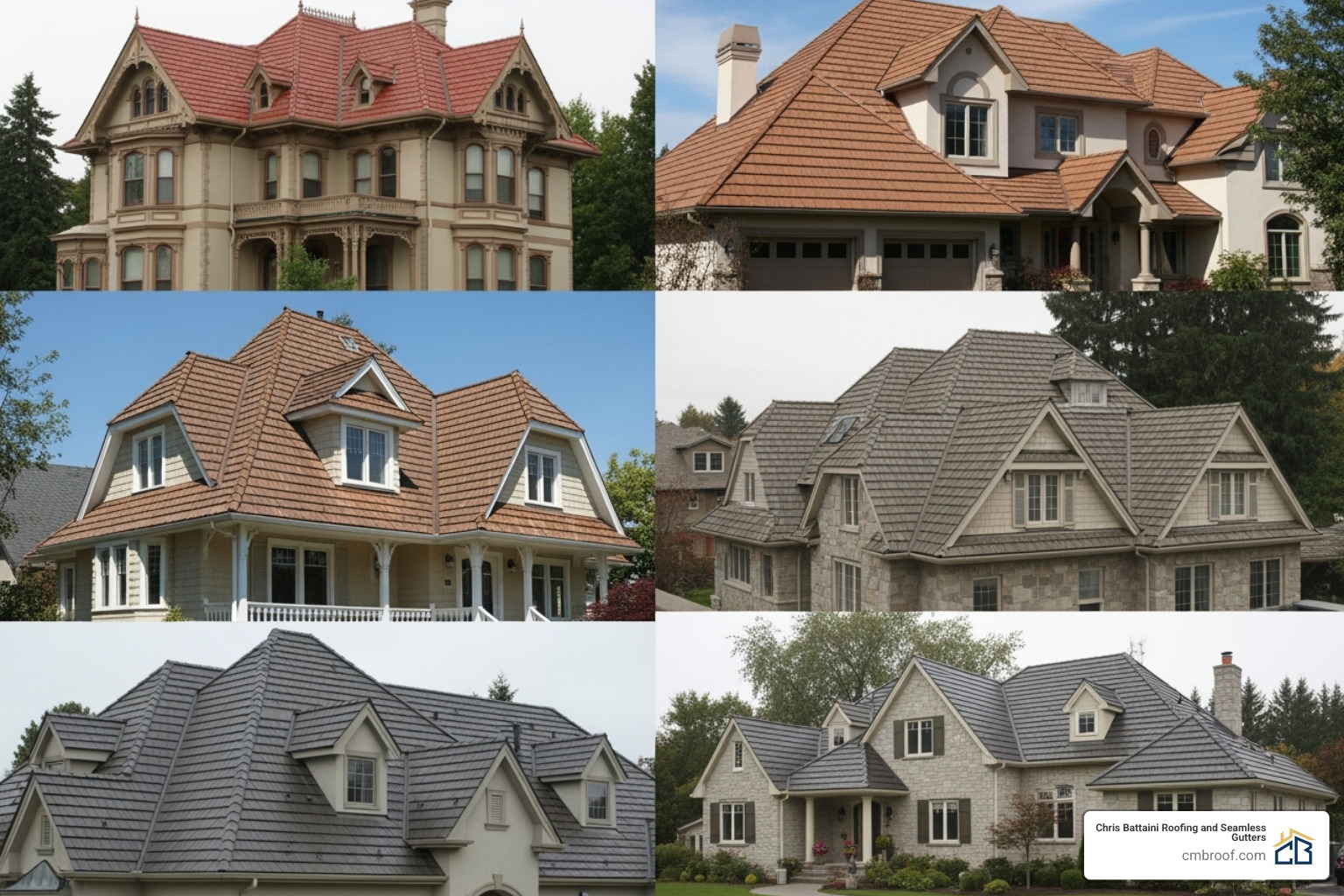 Collage showing various stone-coated steel roof styles including Spanish tile, wood shake, and classic shingle profiles in different colors - stone coated steel installation company Collage showing various stone-coated steel roof styles including Spanish tile, wood shake, and classic shingle profiles in different colors - stone coated steel installation company