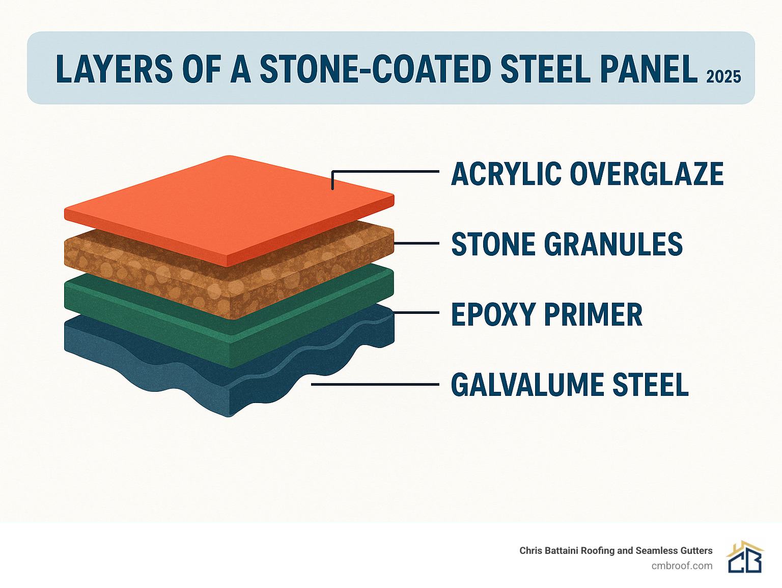 Infographic explaining the layers of a stone-coated steel panel from the steel base to the final acrylic glaze, detailing the Galvalume steel, epoxy primer, stone granules, and acrylic overglaze - stone coated steel installation company infographic Infographic explaining the layers of a stone-coated steel panel from the steel base to the final acrylic glaze, detailing the Galvalume steel, epoxy primer, stone granules, and acrylic overglaze - stone coated steel installation company infographic