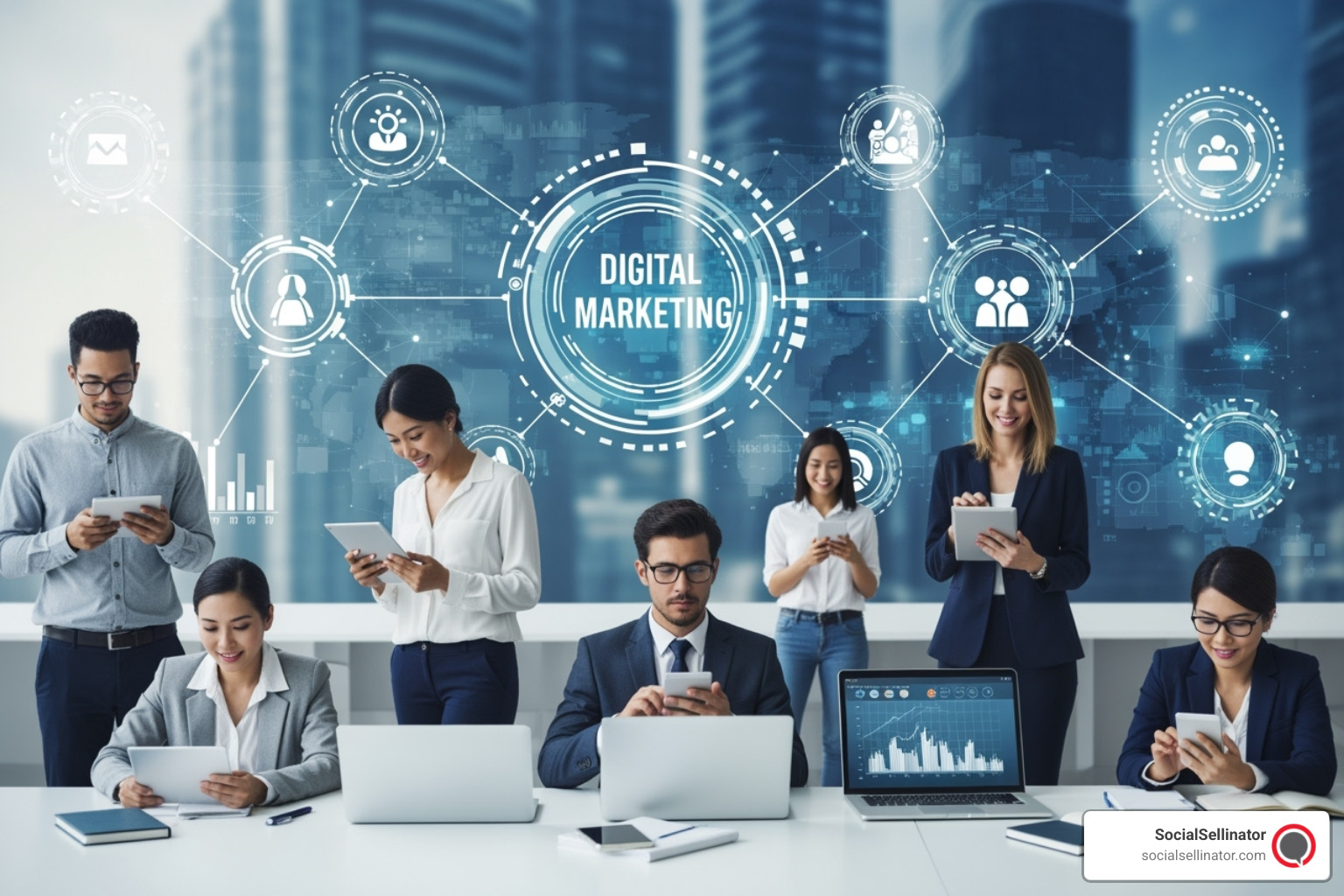 A futuristic digital interface displaying various trends in digital marketing, including AI, data analytics, privacy controls, and interconnected digital channels, suggesting innovation and complexity. - digital marketing services