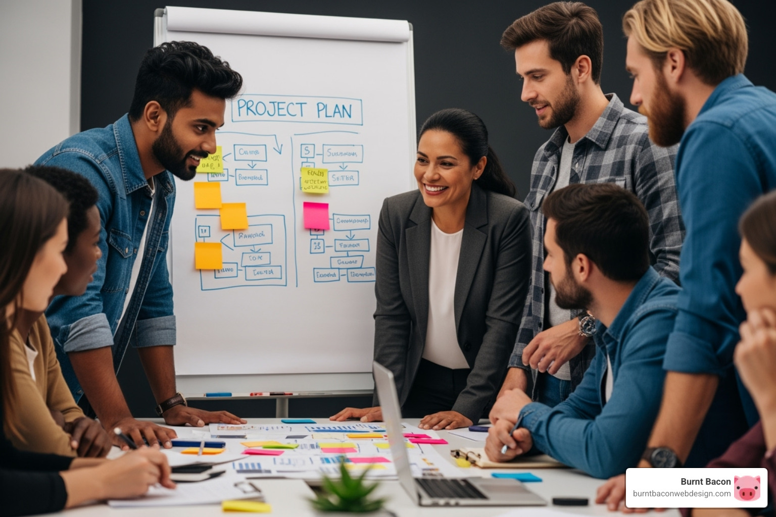 Image of a development team collaborating on a project plan, showing a whiteboard with steps and sticky notes - custom online store development