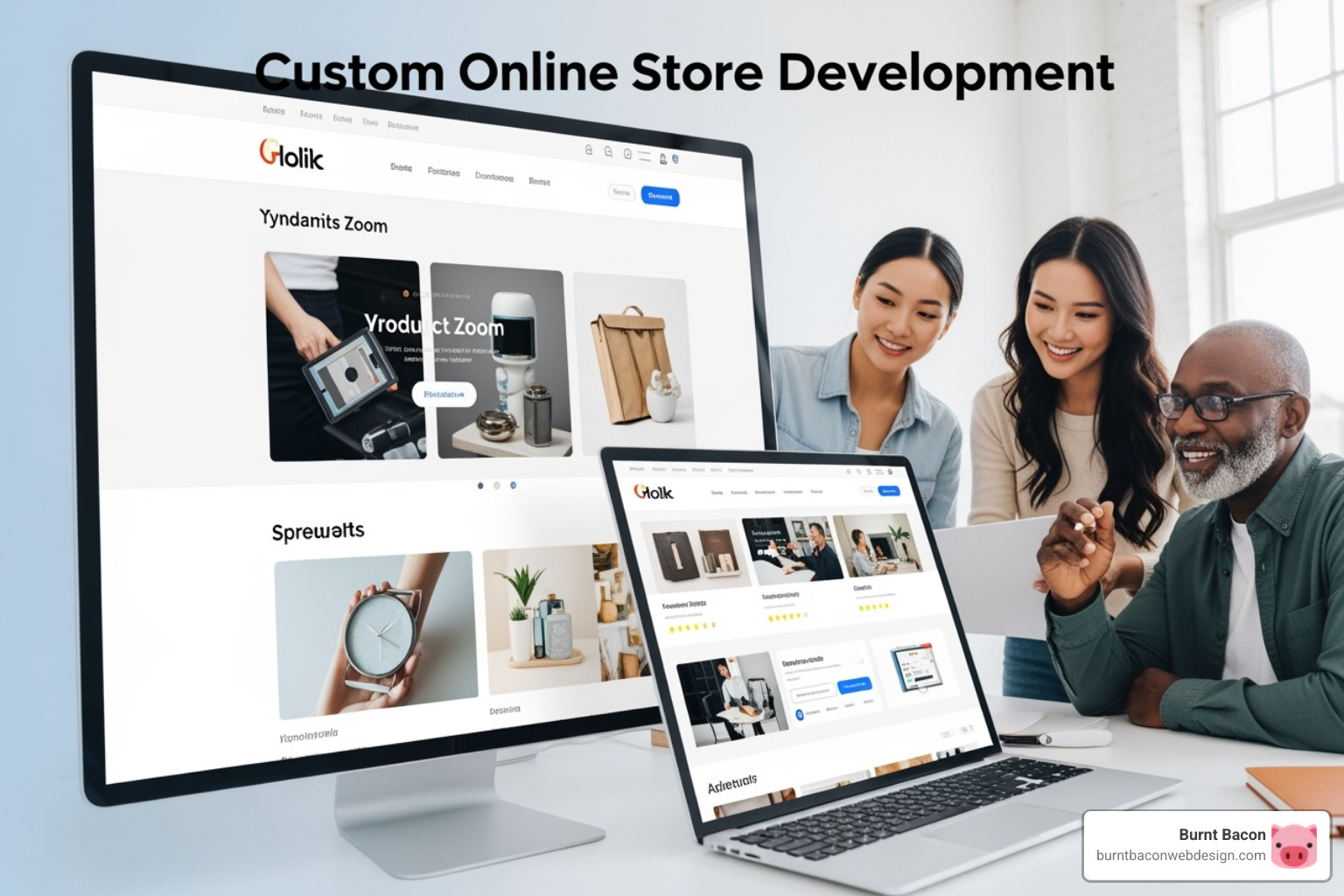 Image showing several online stores that use the same generic template, highlighting their lack of distinctiveness - custom online store development