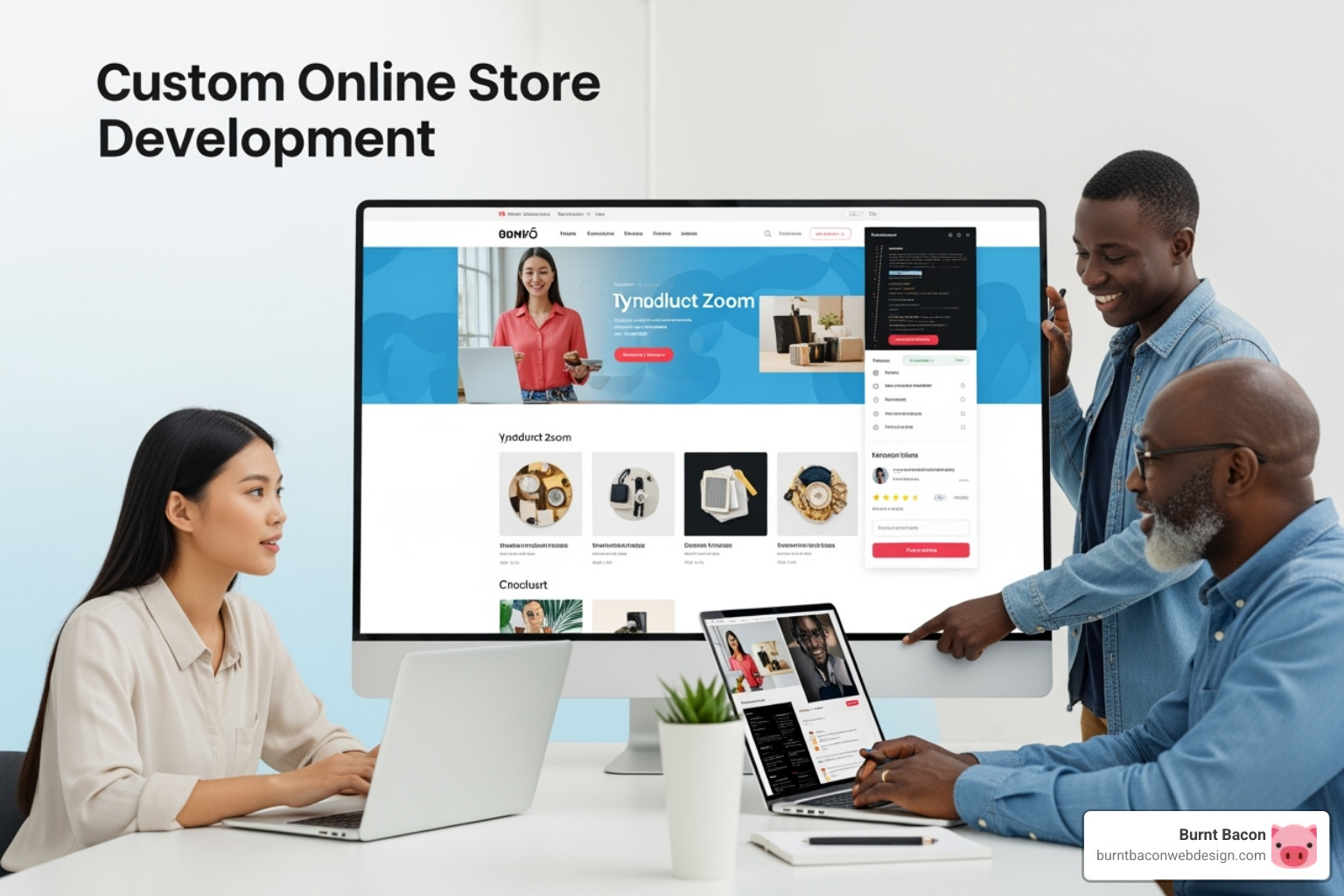 Image of a customer happily interacting with a personalized eCommerce interface, showing a clean design and relevant product recommendations - custom online store development