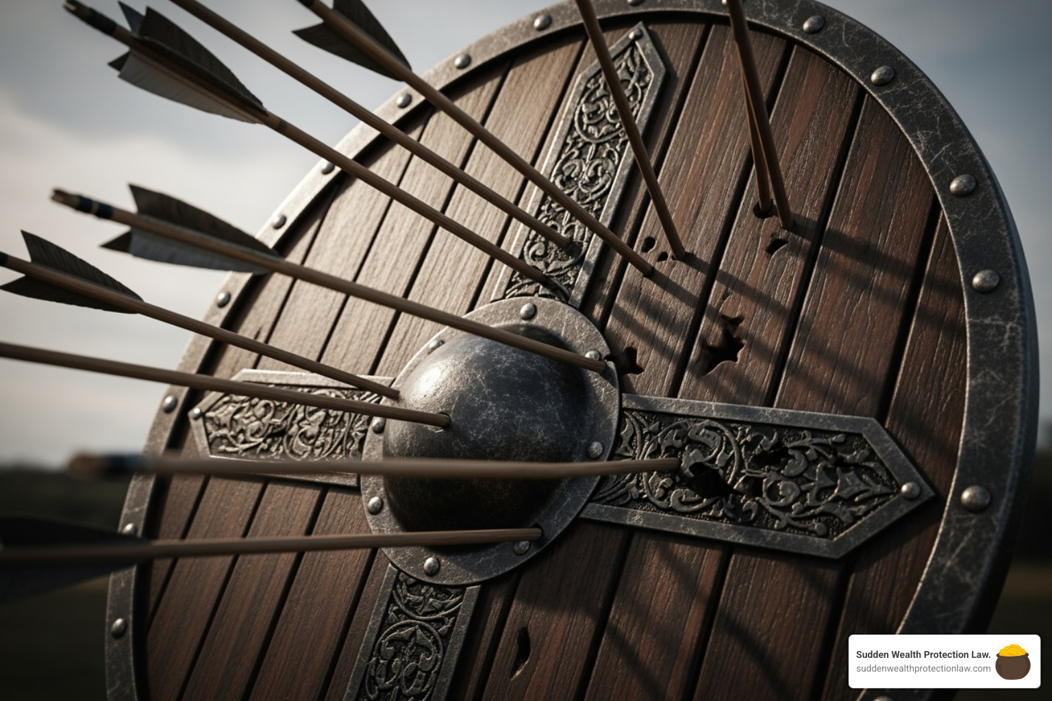 shield deflecting arrows labeled "Divorce," "Creditors," and "Lawsuits" - discretionary trusts for dummies