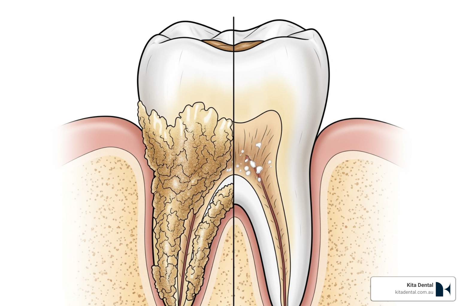 image illustrating the difference between a tooth root with tartar buildup and a smooth, clean root after planing - dental deep cleaning near me