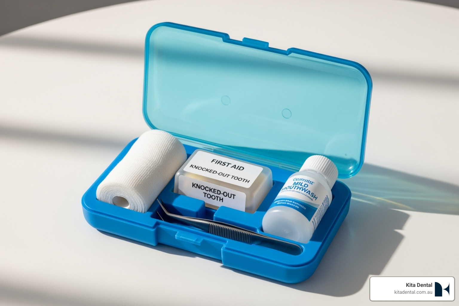 dental first-aid kit with gauze and a small container for a tooth - 24 hour dentist sydney