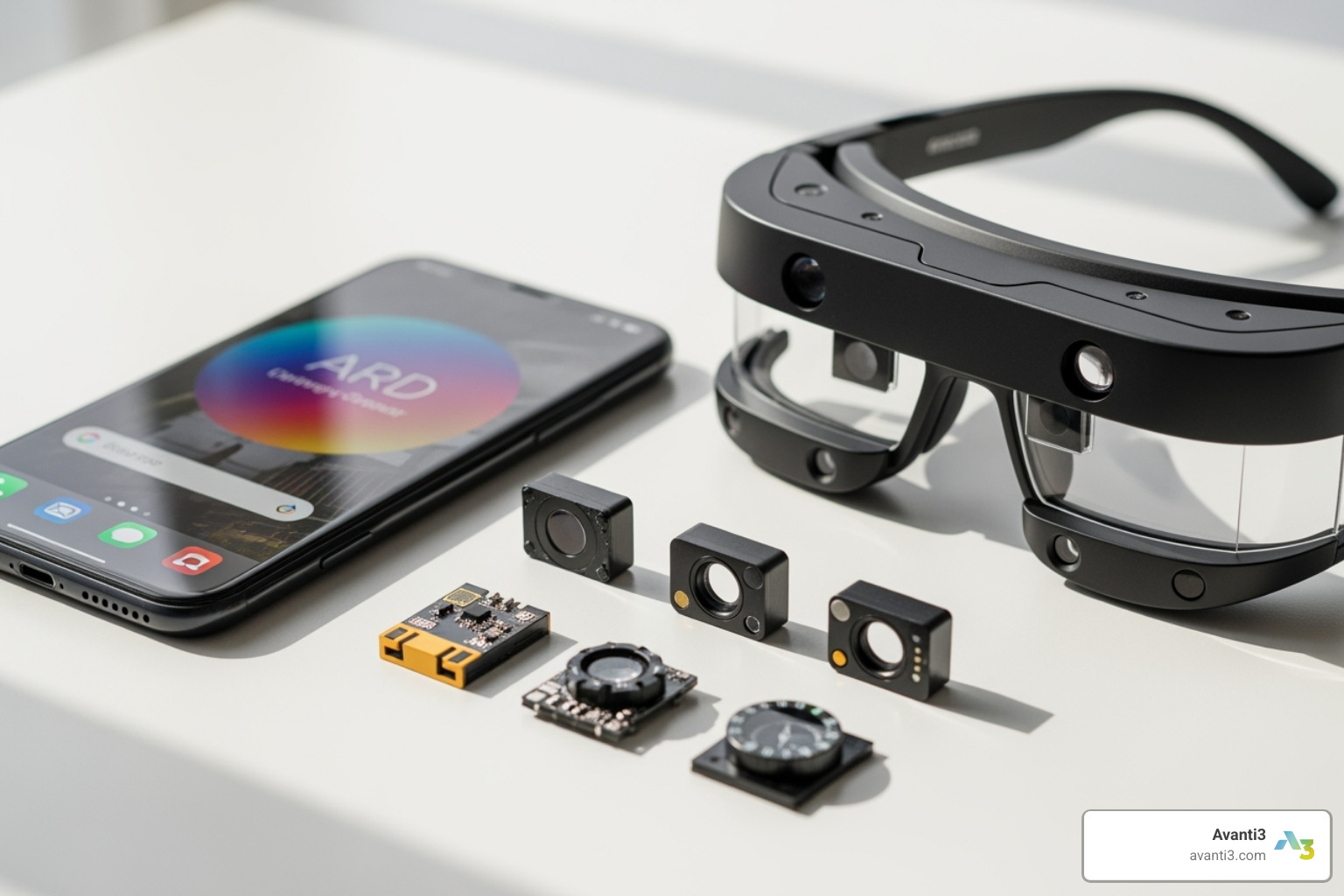 Image of essential AR hardware components like a smartphone, AR glasses, and sensors. - immersion augmented reality