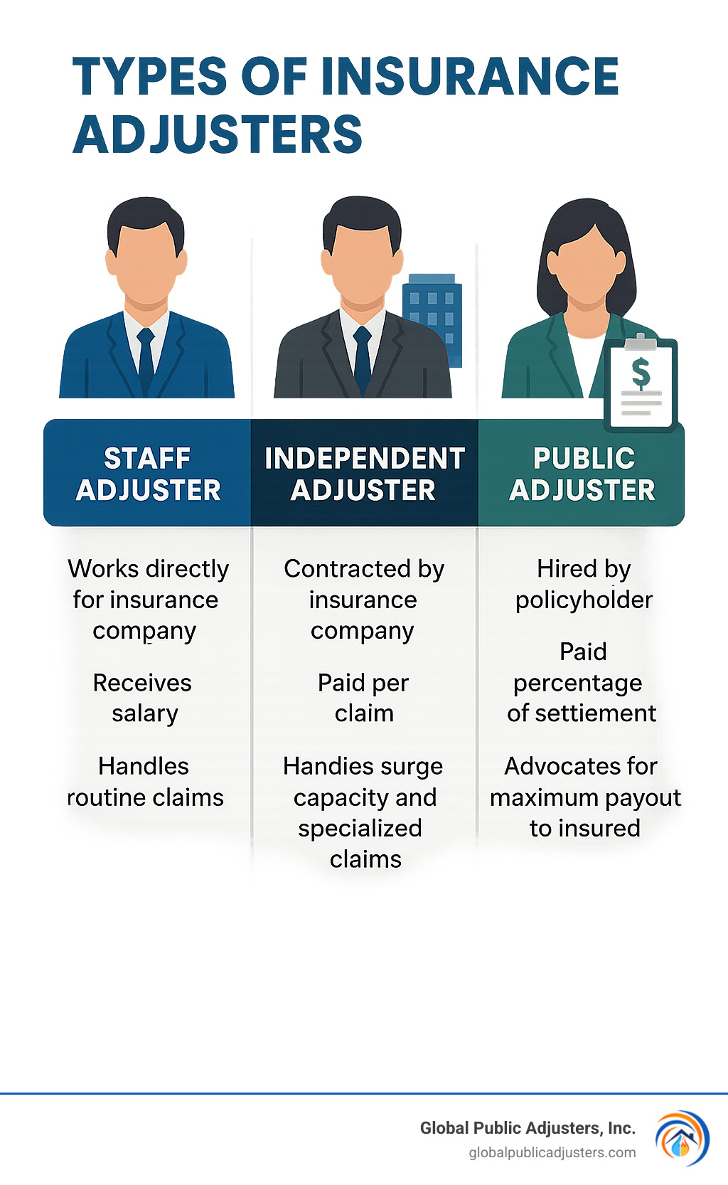 Infographic showing three types of insurance adjusters: Staff Adjuster (works directly for insurance company, receives salary, handles routine claims), Independent Adjuster (contracted by insurance company, paid per claim, handles surge capacity and specialized claims), and Public Adjuster (hired by policyholder, paid percentage of settlement, advocates for maximum payout to insured) - independent adjuster infographic 