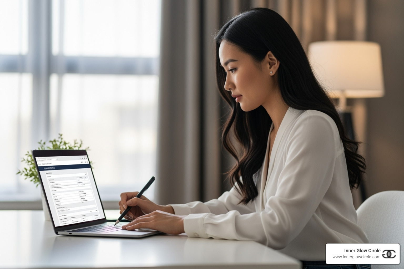 A person thoughtfully filling out an online application form on a laptop. - icf coaching scholarship