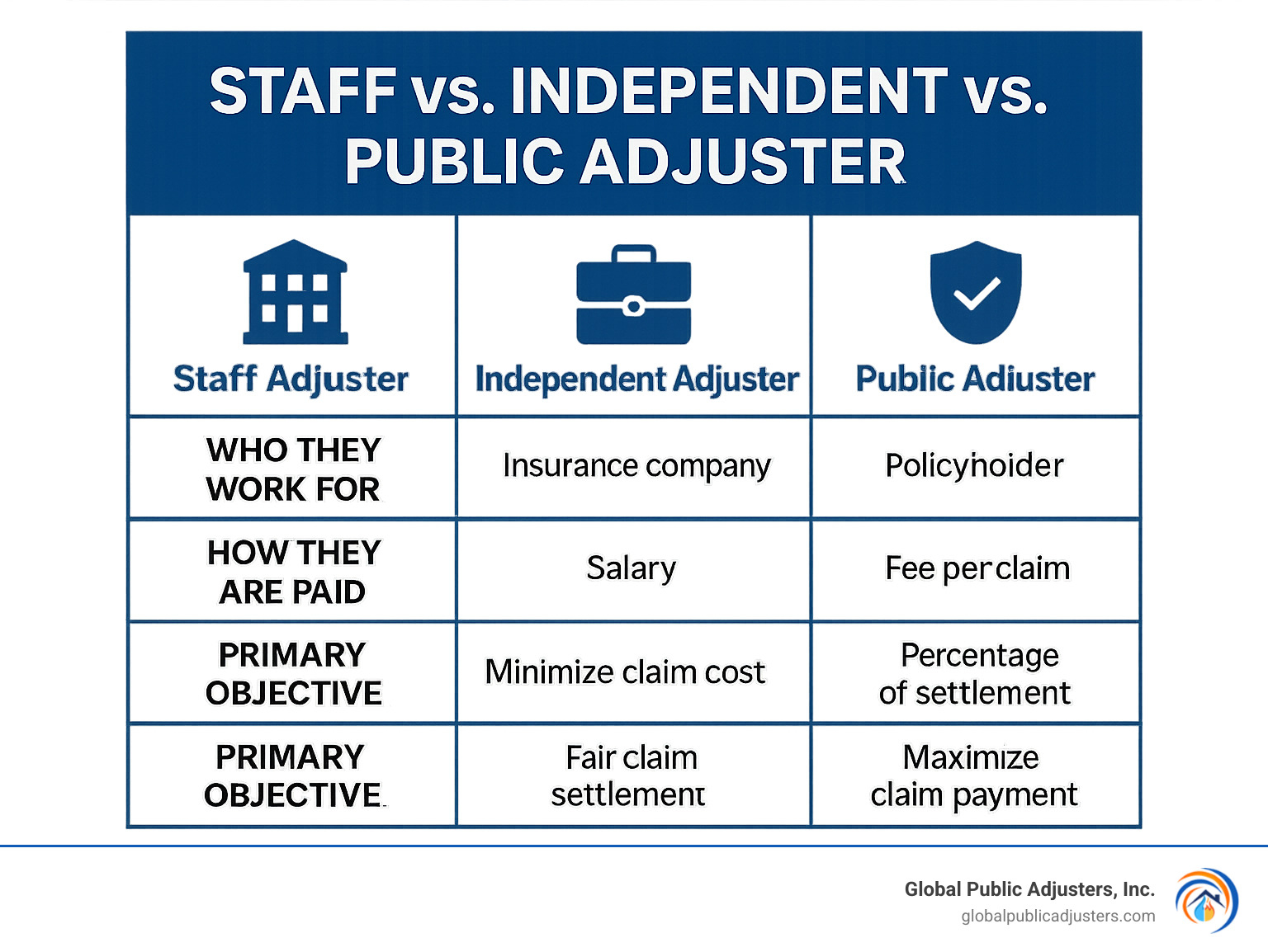 Table comparing Staff, Independent, and Public Adjusters on key points: Who they work for, How they are paid, and Primary objective - independent adjuster infographic 