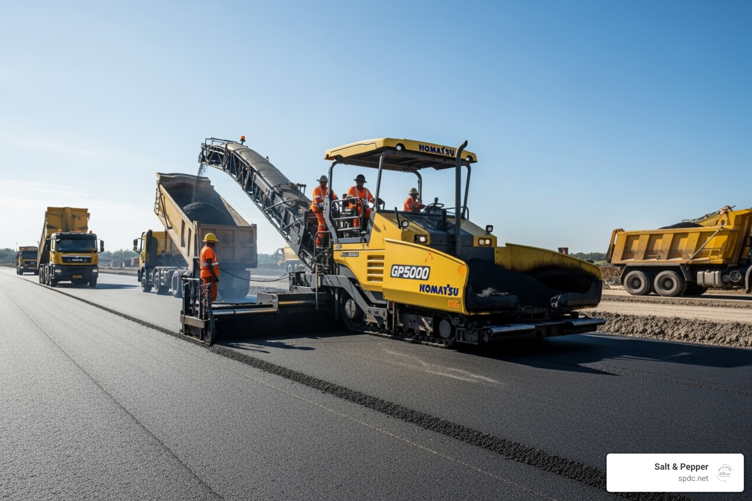 Asphalt paving equipment in action, showing a paver machine laying down fresh asphalt - tampa pavement constructors