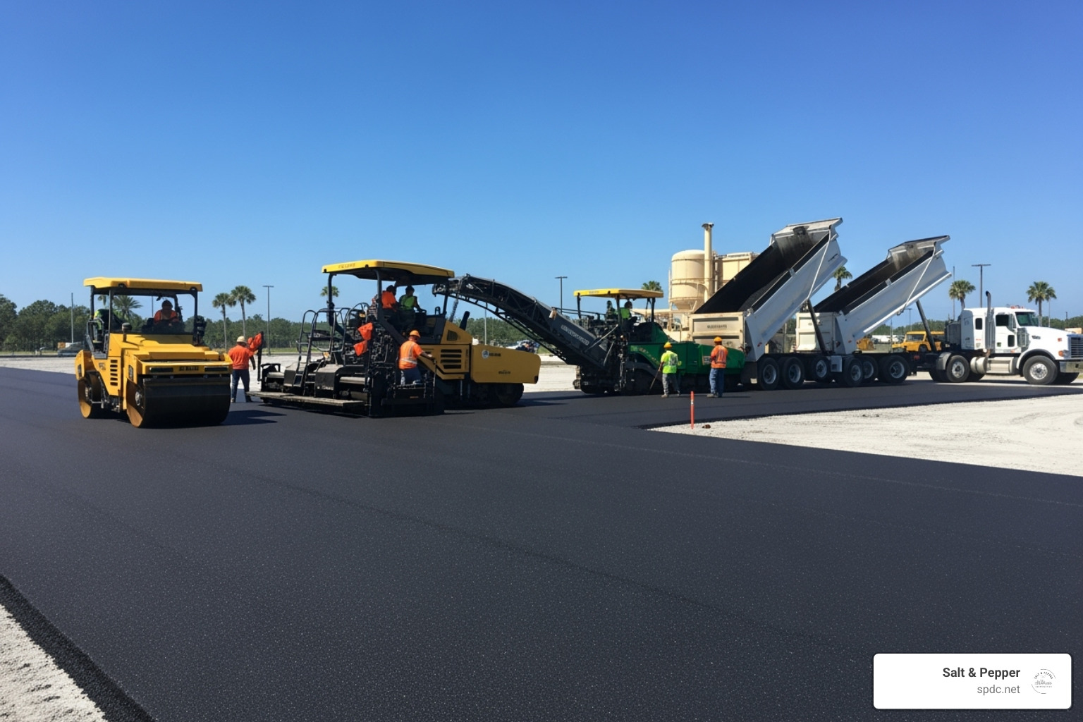 Large-scale paving project underway in Tampa, showing heavy machinery and workers - tampa pavement constructors