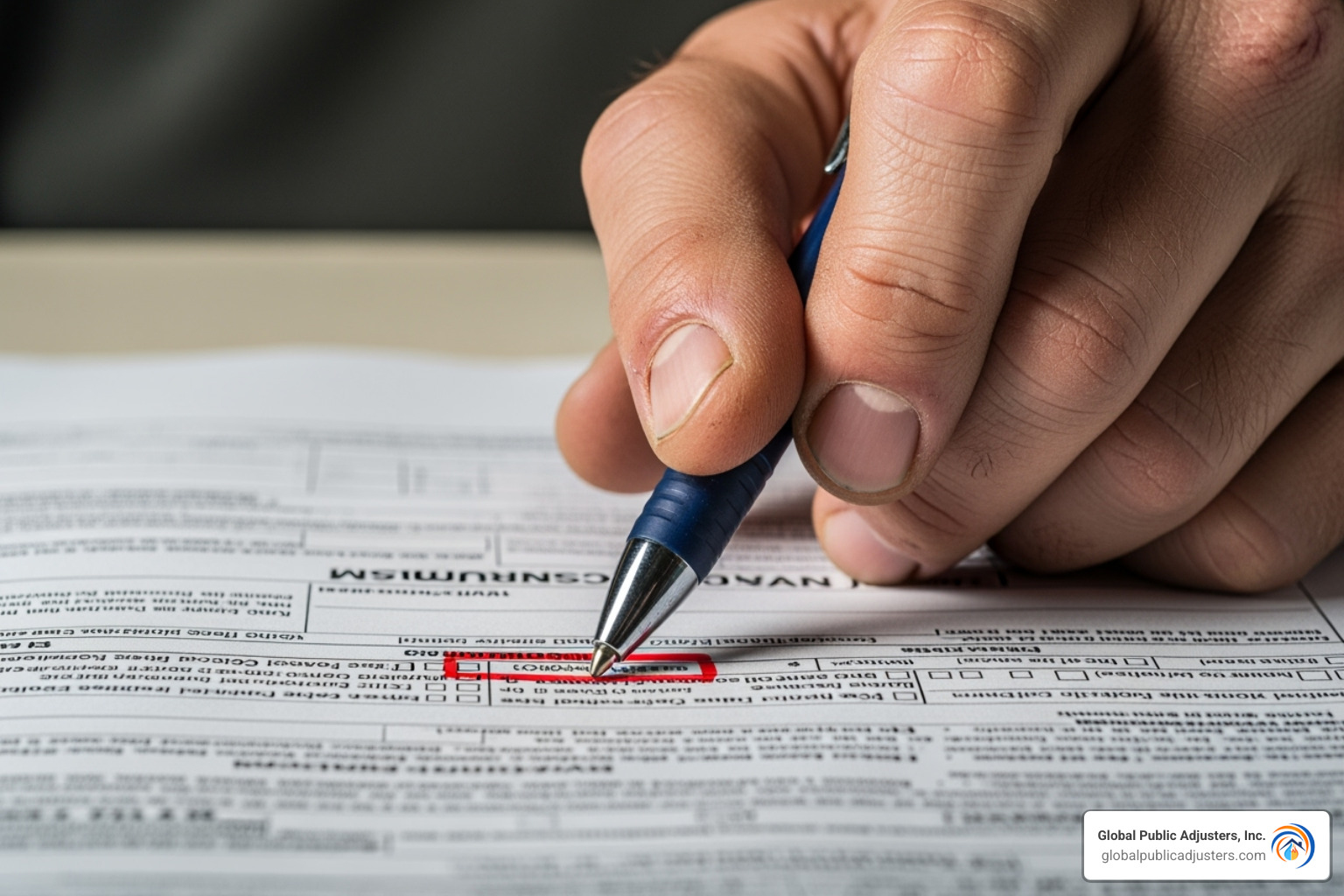 A hand holding a pen pointing to a section on an insurance claim form, symbolizing the process of filing a claim and seeking expert help. - does insurance cover hail damage
