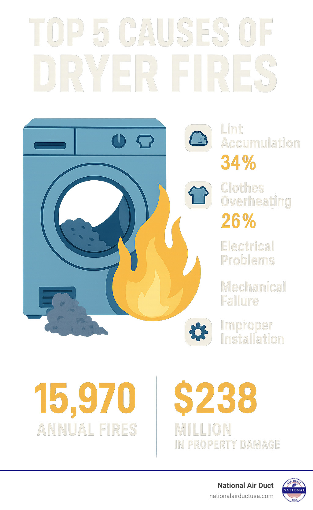 Infographic showing the top 5 causes of dryer fires: 34% lint accumulation, 26% clothes overheating, electrical problems, mechanical failure, and improper installation, with statistics showing 15,970 annual fires and $238 million in property damage - Clogged dryer vent infographic 