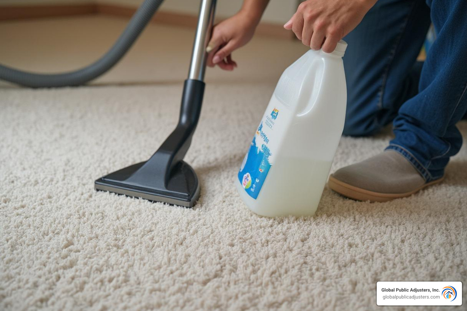Person safely applying cleaning solution to carpet - water damage carpet cleaning