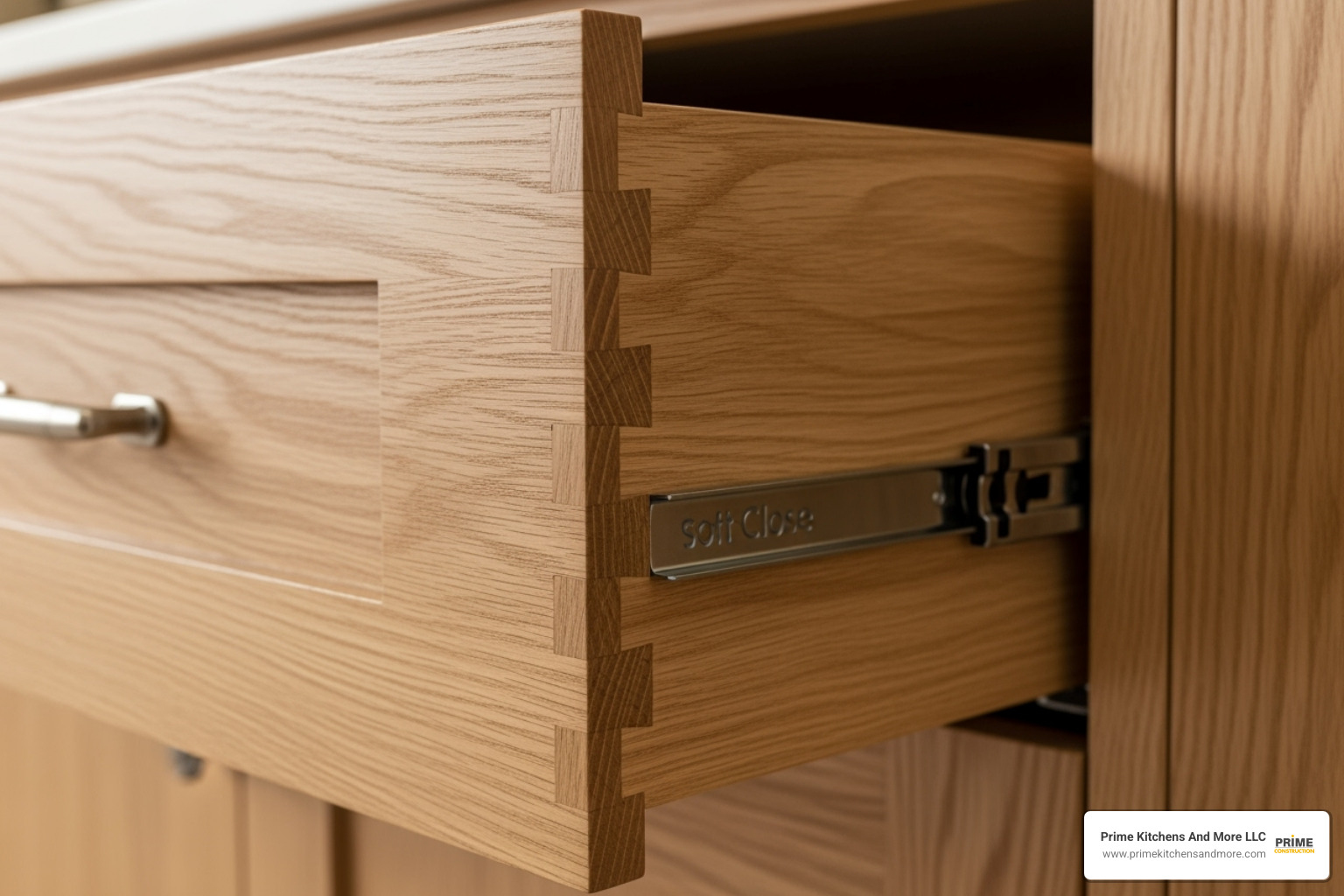 close-up on a dovetail drawer joint and a soft-close hinge - kitchen cabinets orlando