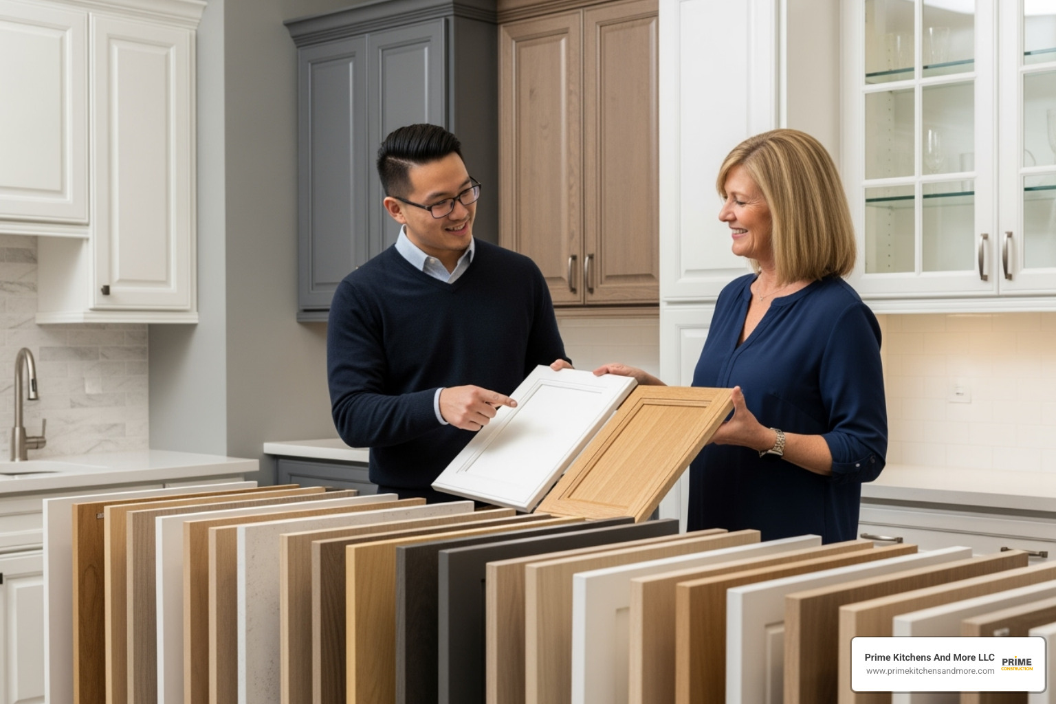 designer and homeowner collaborating over cabinet samples in a showroom - kitchen cabinets orlando
