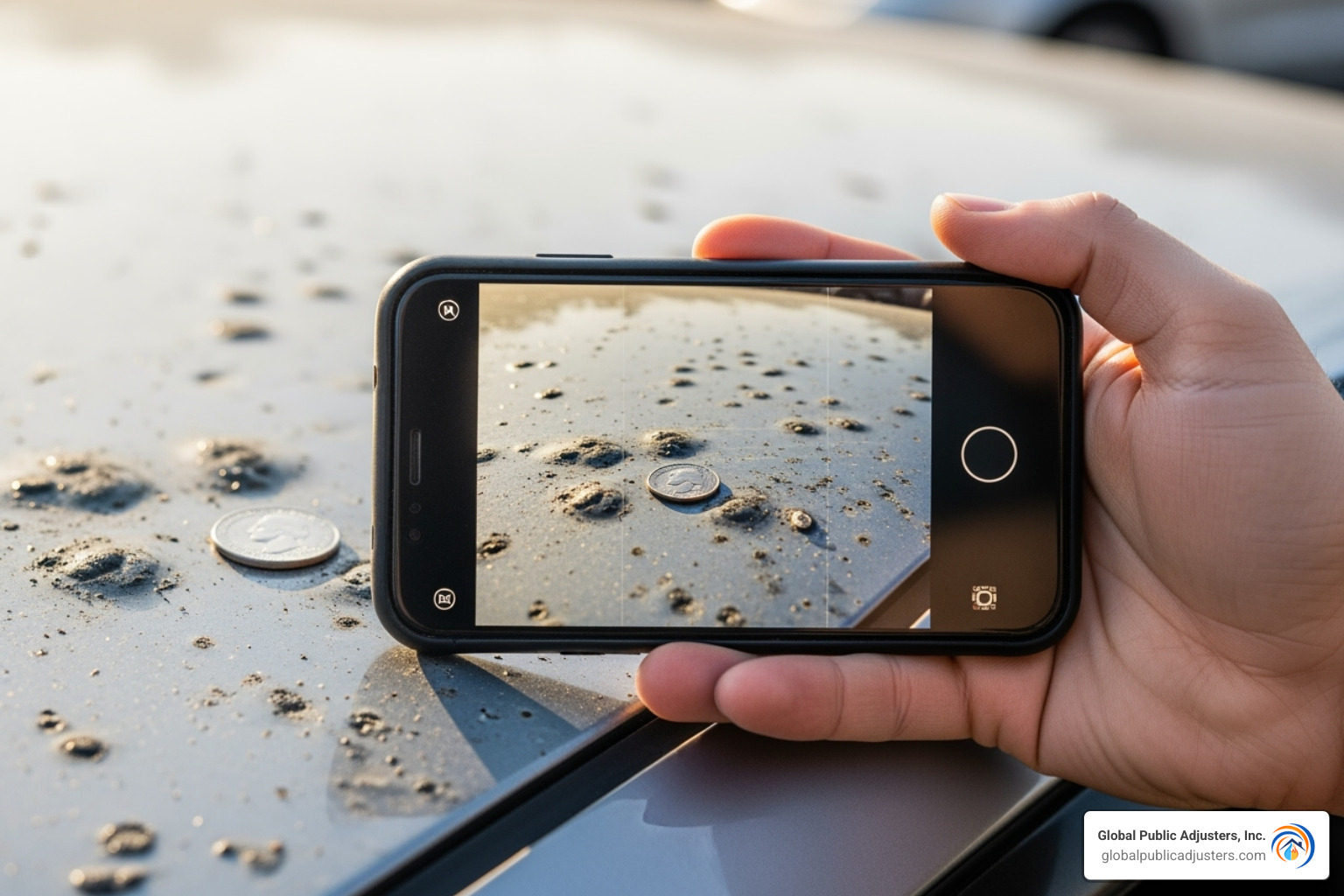 A person taking a photo of a damaged car roof with a coin for scale, clearly showing multiple dents. - does insurance cover hail damage