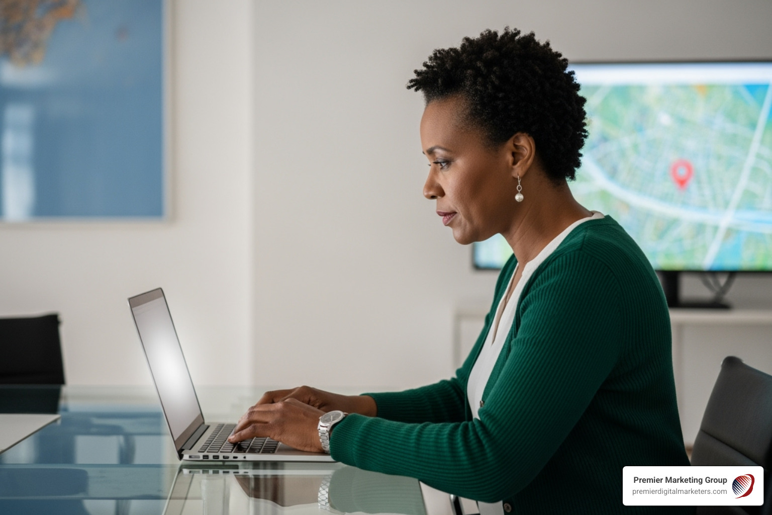 person searching on laptop with map in background - small business web design near me