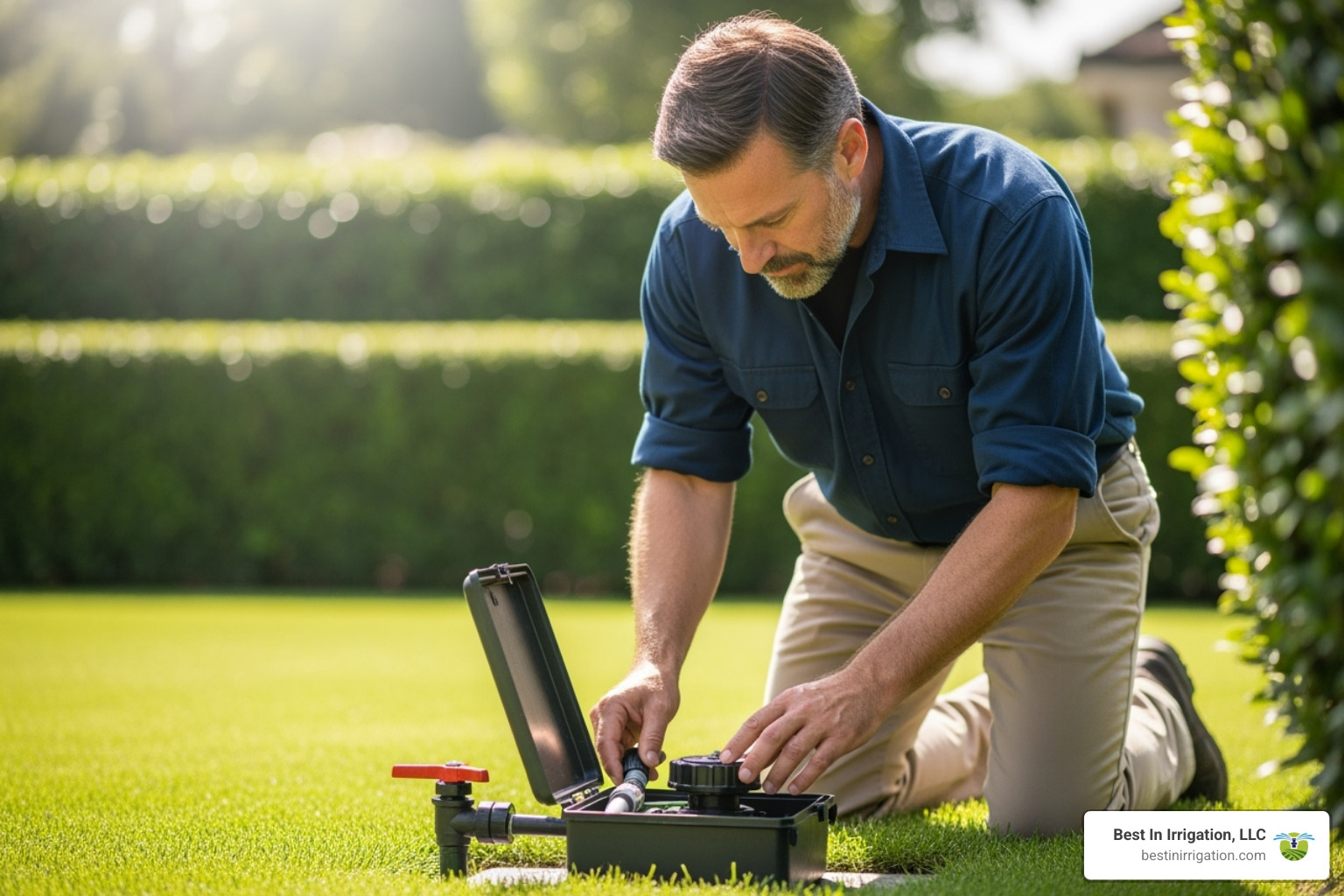 professional technician examining sprinkler valve box - sprinkler repair and installation near me