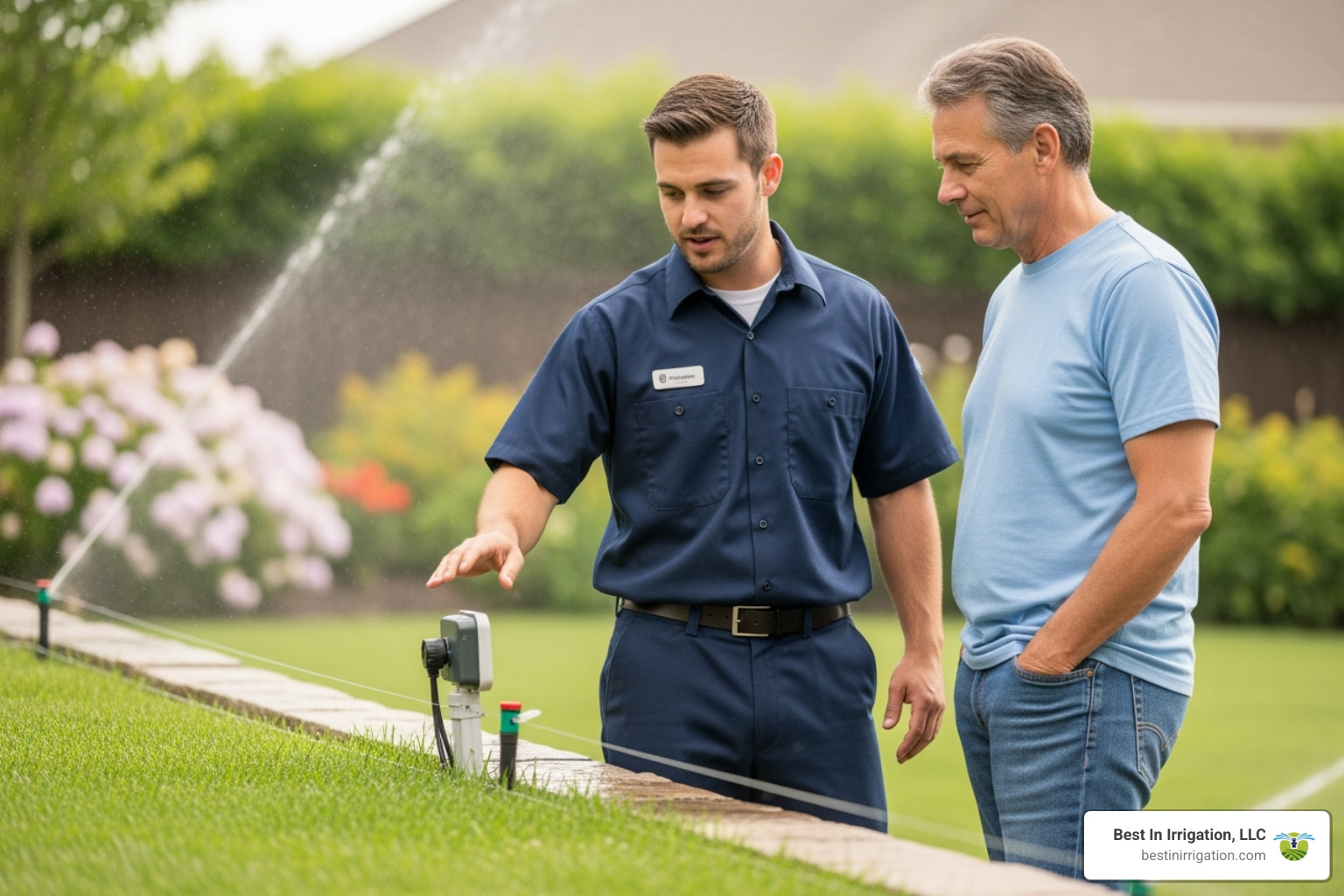 irrigation professional talking with homeowner - sprinkler repair and installation near me