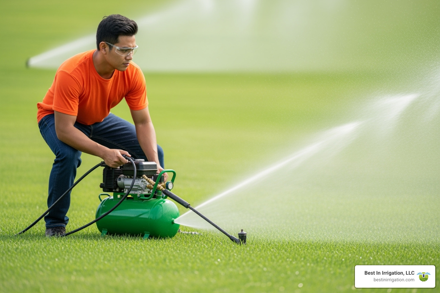 technician performing sprinkler blowout - sprinkler repair and installation near me