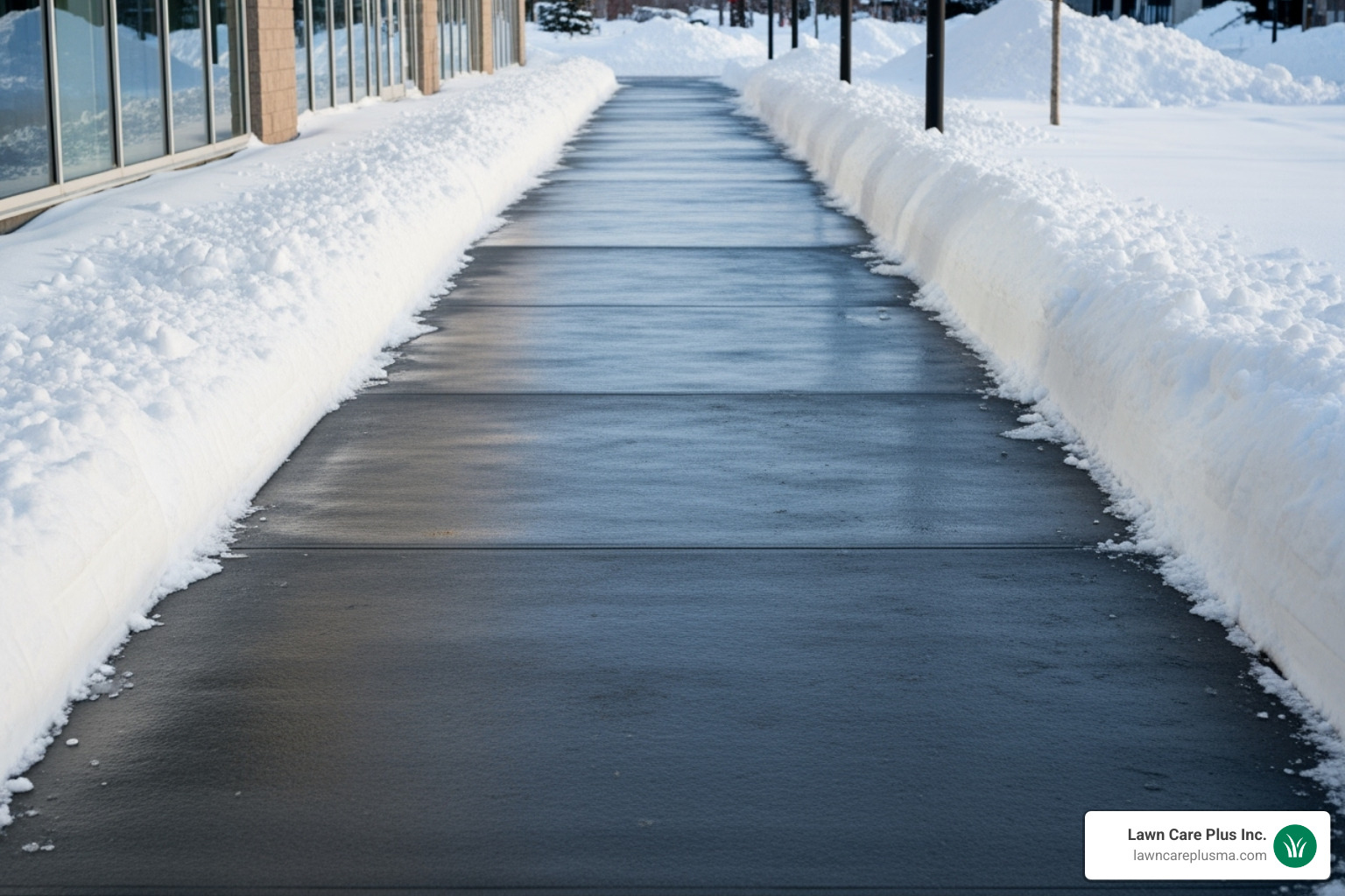 well-lit, clear commercial walkway in winter - canton landscaping