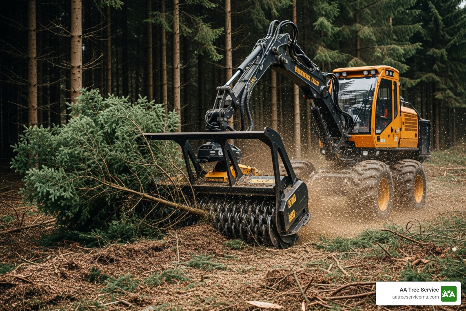 Forestry mulcher in action, turning a small tree into mulch - Brush and land clearing services