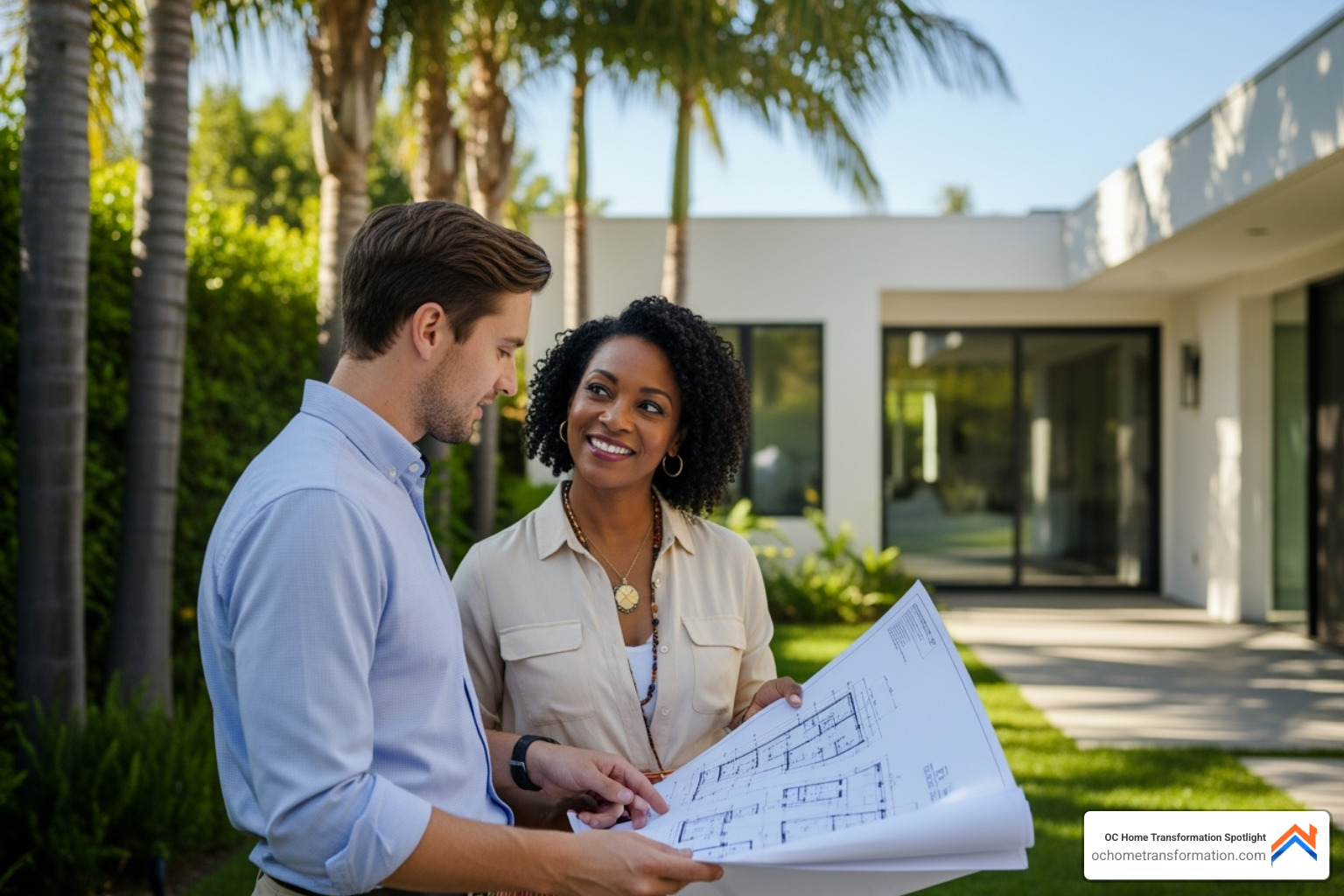 architect reviewing blueprints with a homeowner in Orange County - living room expansion