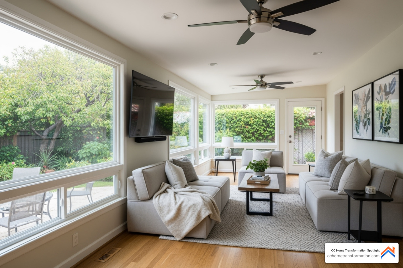 beautifully converted sunroom used as a living area in an Orange County home - living room expansion