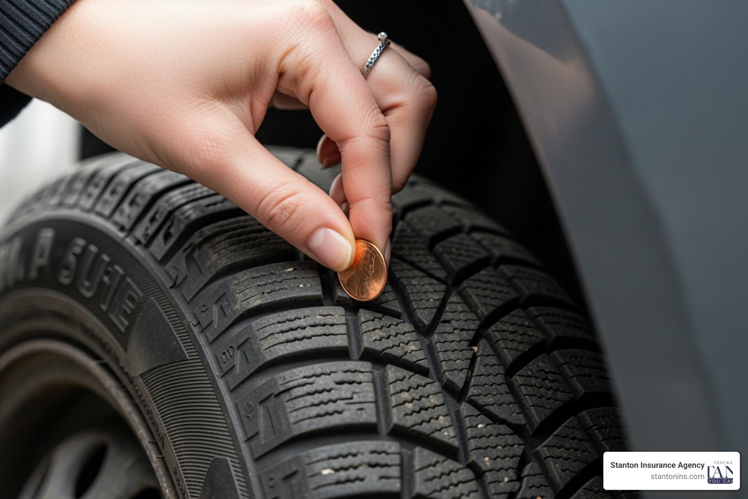 a person checking the tread on a winter tire using a penny - Fire & Ice – Your Guide to Winter Preparation