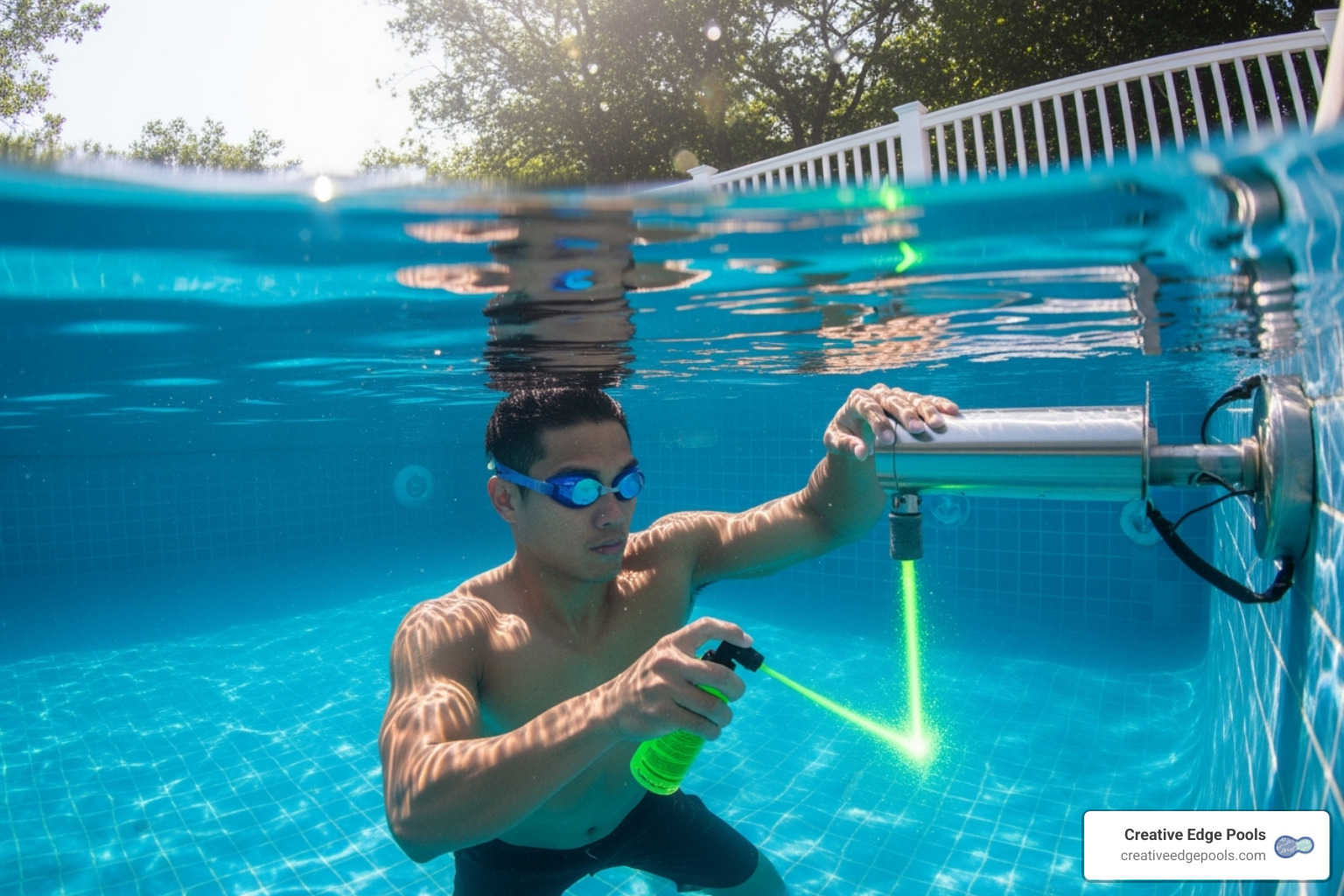 Pool owner using leak detection dye near a pool light - large pool liner patch