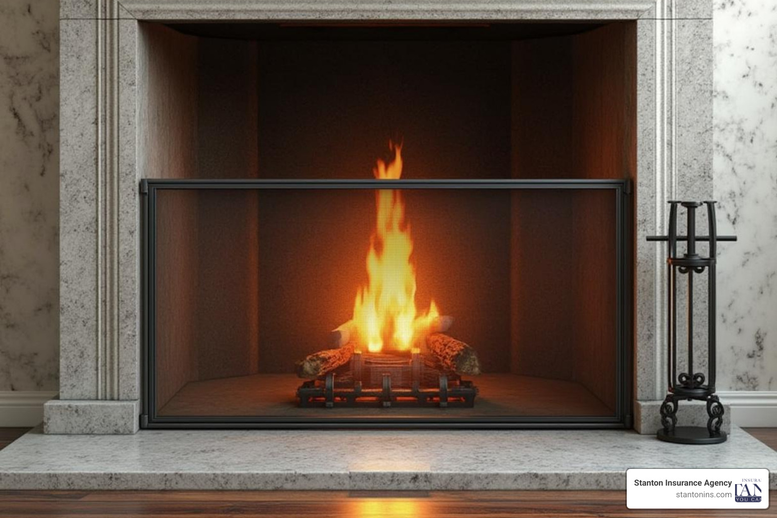 a clean, safe fireplace area with a screen in front and combustibles kept at a distance - Fire & Ice – Your Guide to Winter Preparation