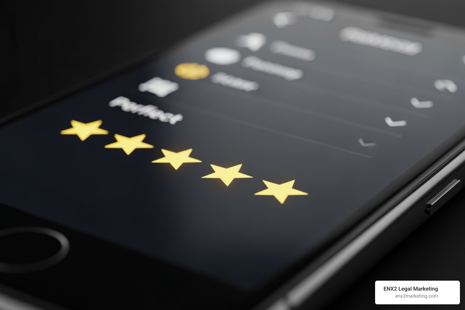 A 5-star review displayed on a smartphone screen. Metadata: "Reputation management and ethical marketing for law firms." - bankruptcy attorneys digital marketing agency