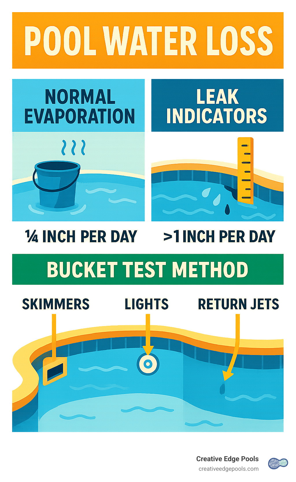 Infographic showing pool water loss comparison: normal evaporation (1/4 inch per day) versus leak indicators (more than 1 inch per day), with visual representations of bucket test method and common leak locations around skimmers, lights, and return jets - large pool liner patch infographic 
